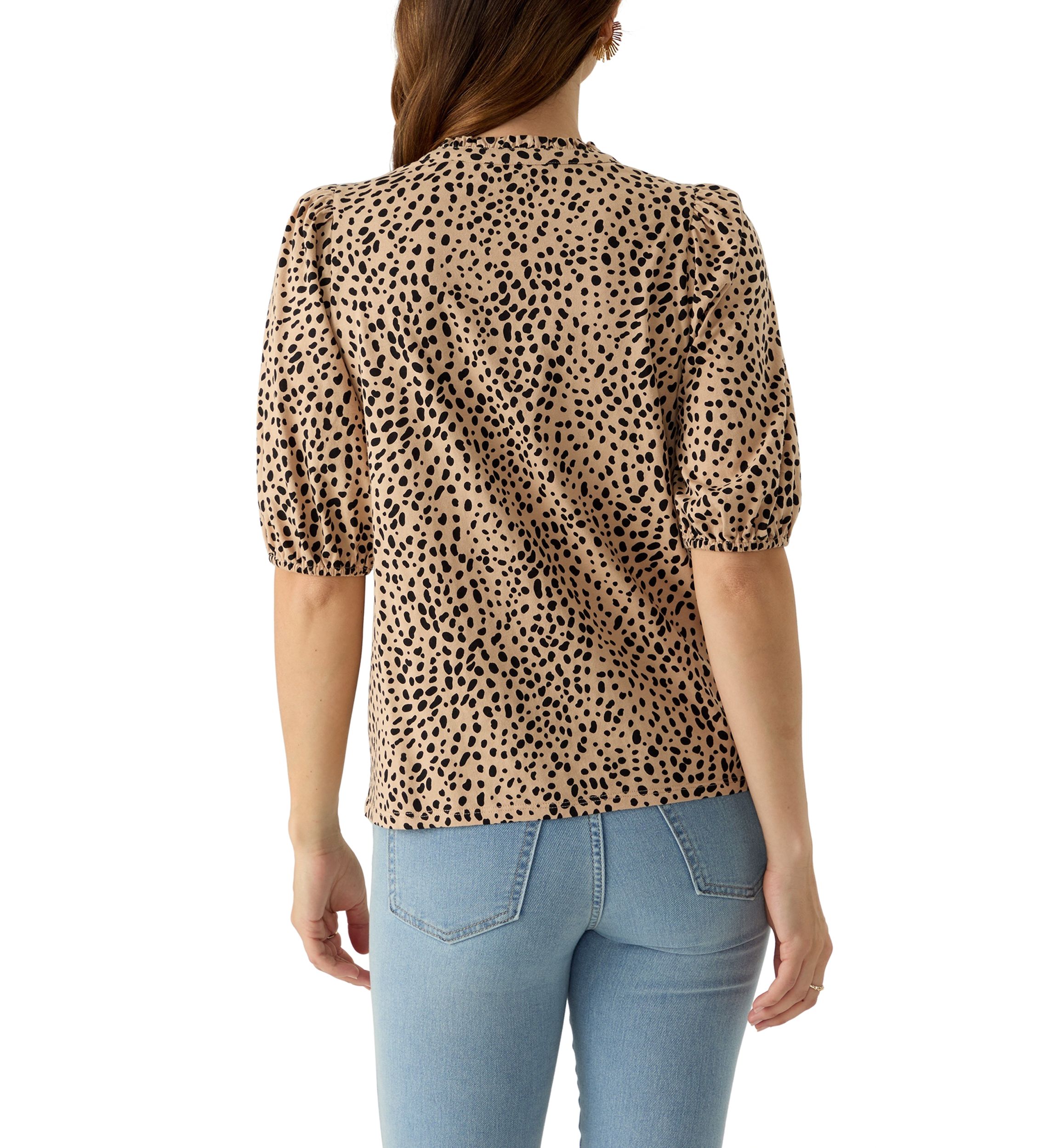 Womens Elbow Sleeve Button Front Printed Top
