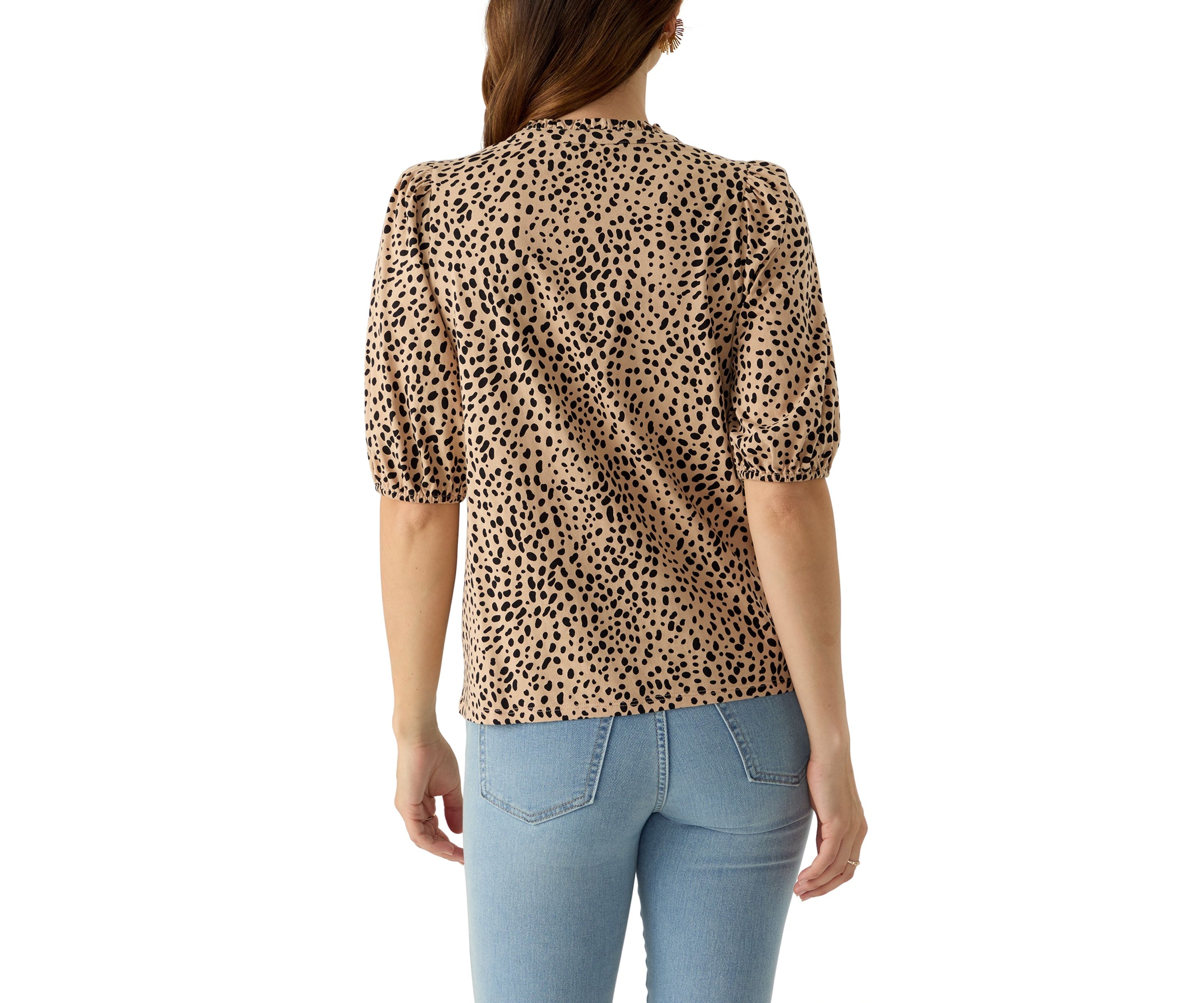 Womens Elbow Sleeve Button Front Printed Top