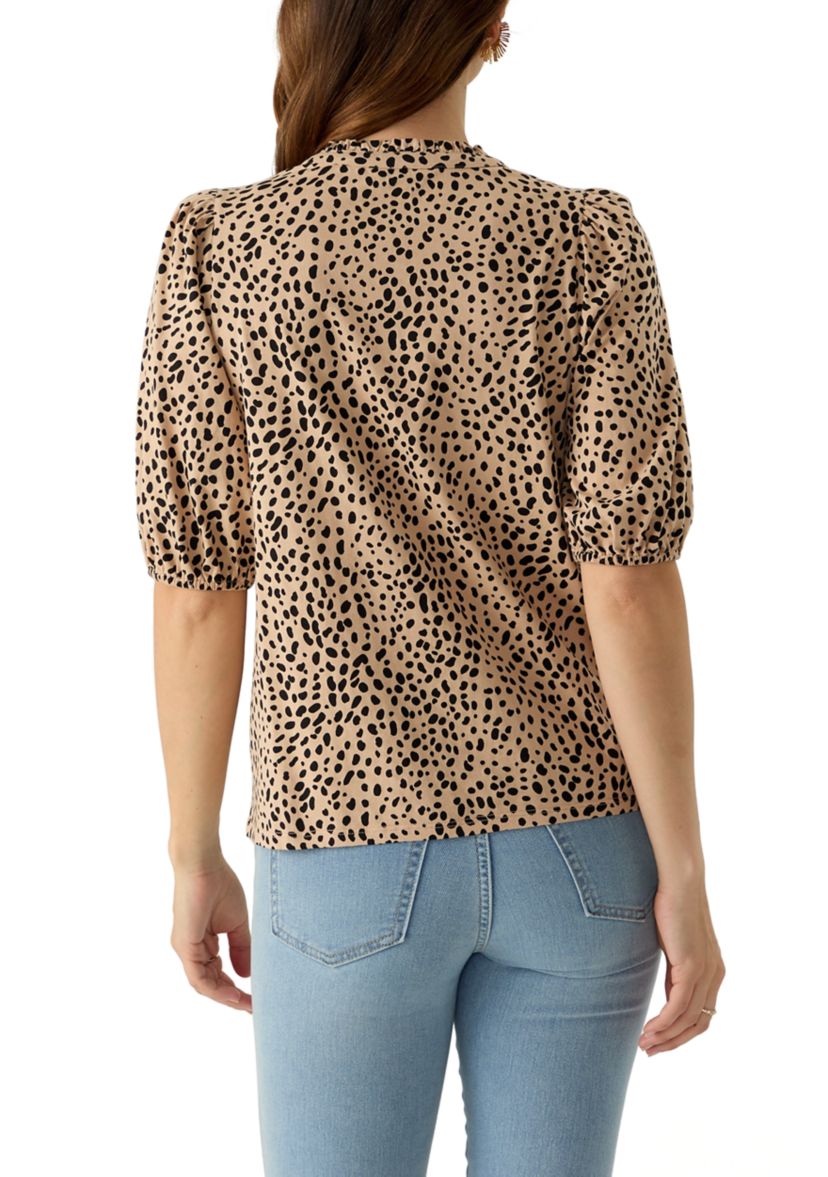 Womens Elbow Sleeve Button Front Printed Top