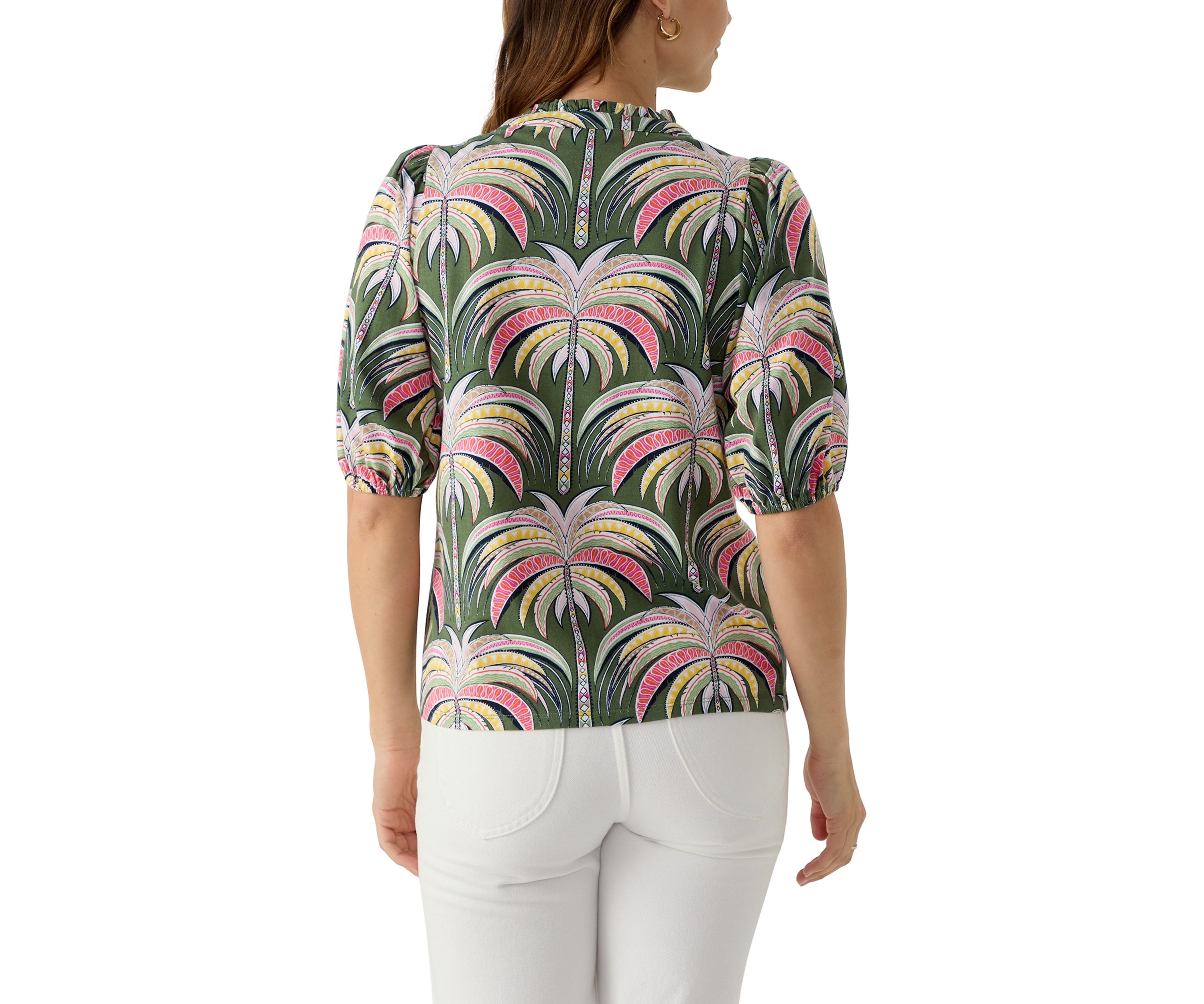 Womens Elbow Sleeve Button Front Printed Top