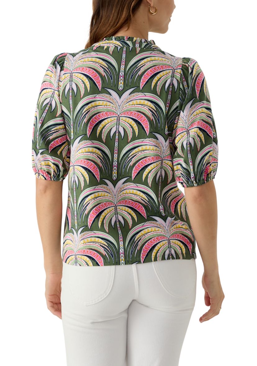 Womens Elbow Sleeve Button Front Printed Top