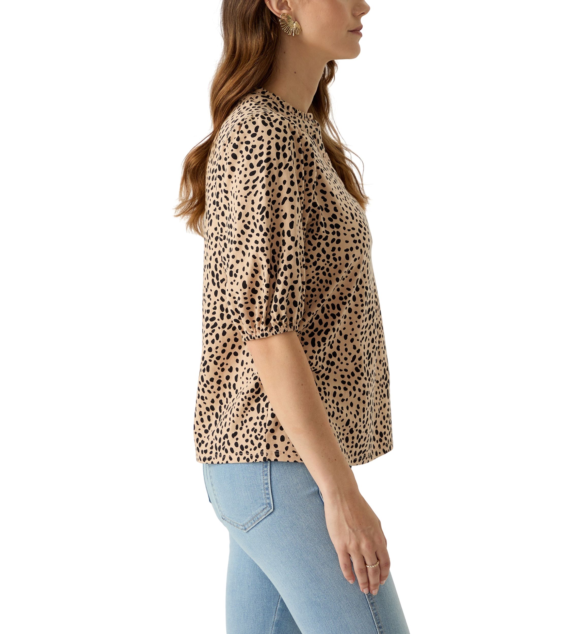 Womens Elbow Sleeve Button Front Printed Top