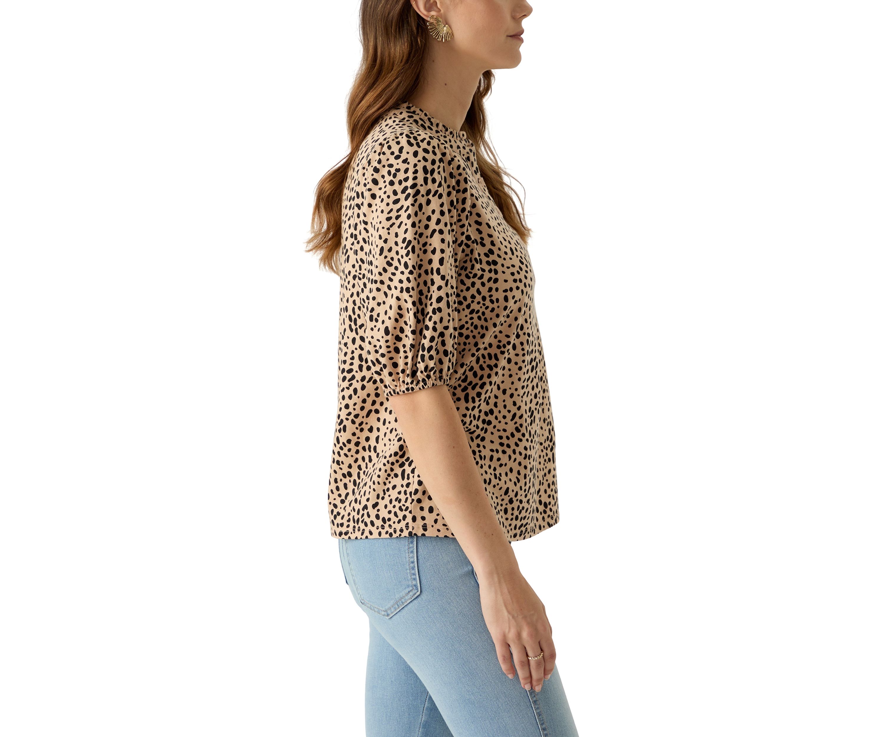 Womens Elbow Sleeve Button Front Printed Top