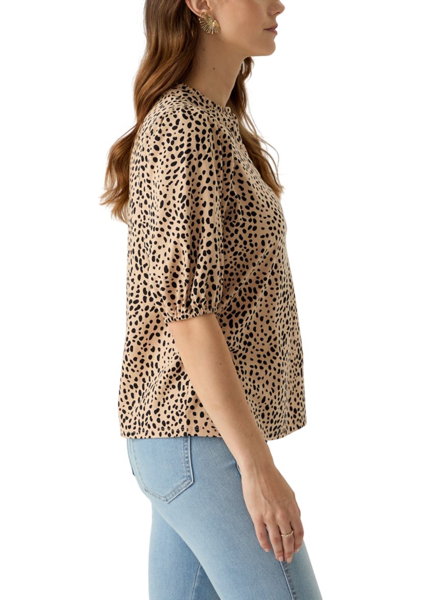 Womens Elbow Sleeve Button Front Printed Top