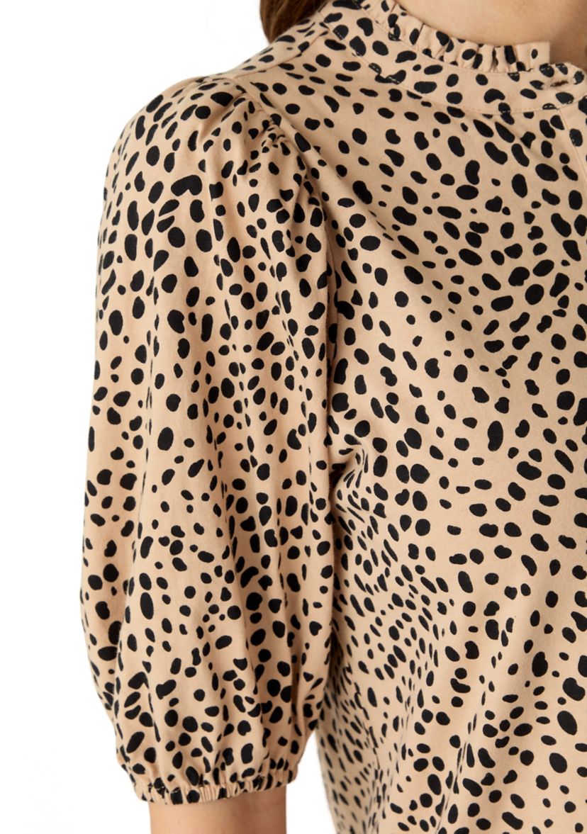Womens Elbow Sleeve Button Front Printed Top