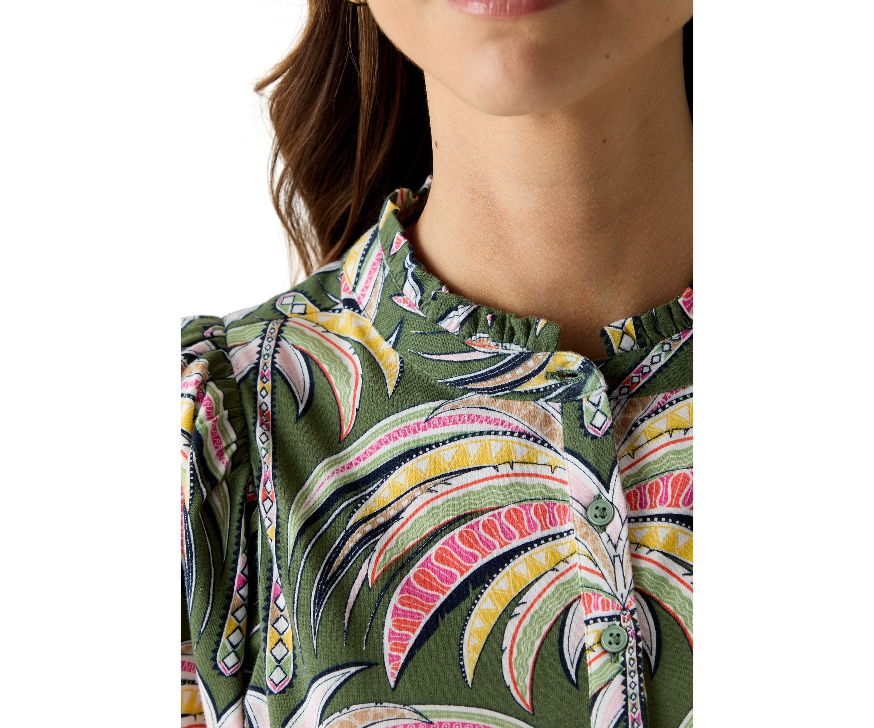Womens Elbow Sleeve Button Front Printed Top