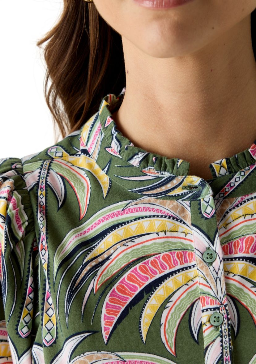 Womens Elbow Sleeve Button Front Printed Top