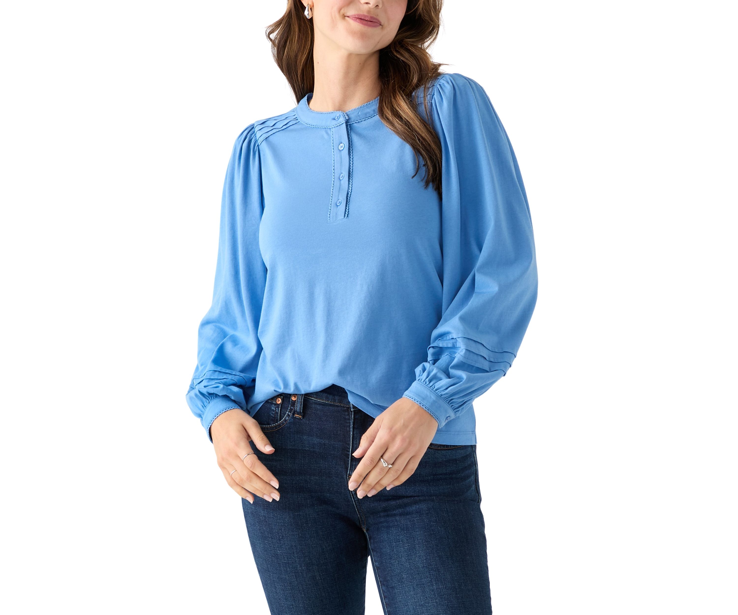 Womens Long Sleeve Pintuck Henley Solid Blouse