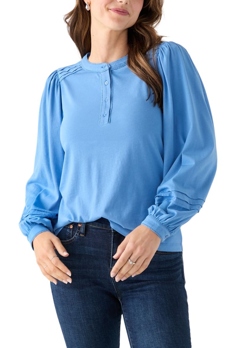 Womens Long Sleeve Pintuck Henley Solid Blouse