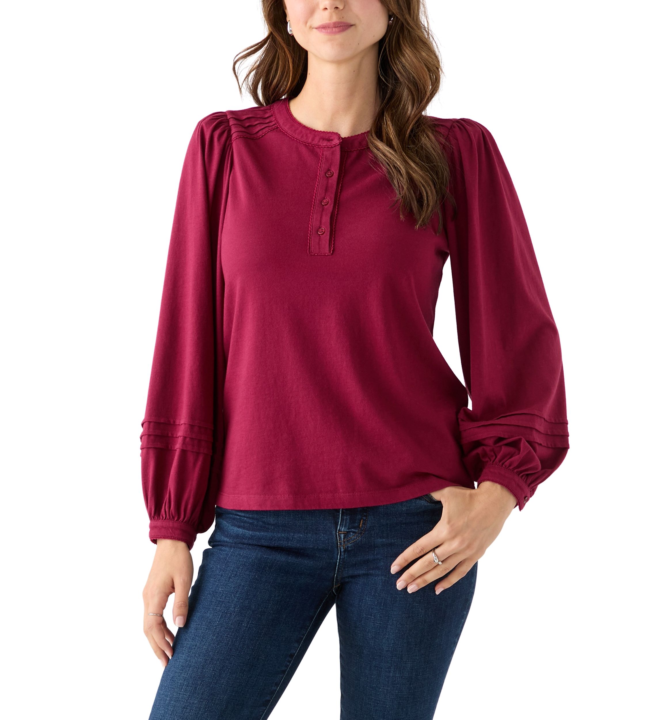 Womens Long Sleeve Pintuck Henley Solid Blouse