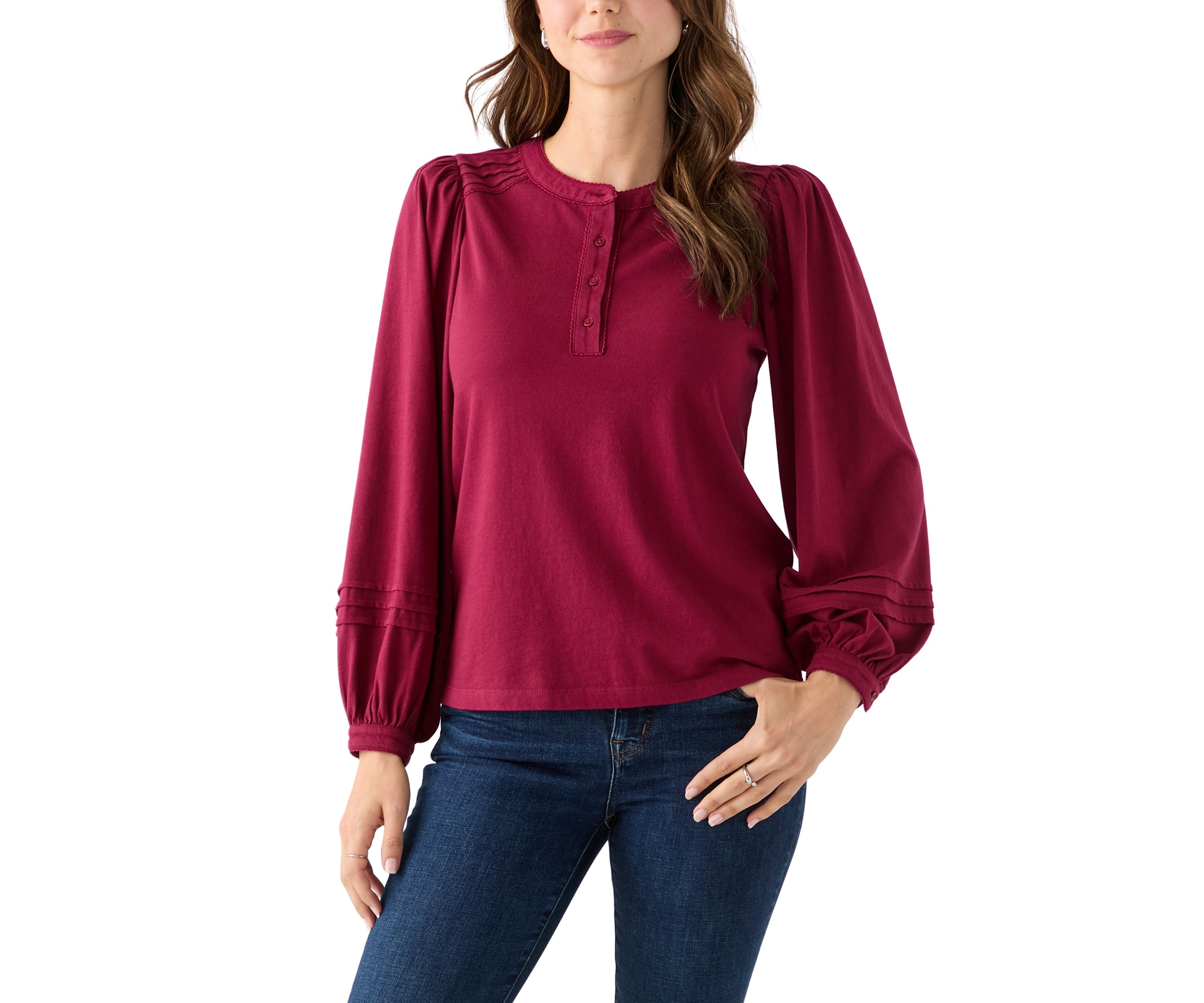 Womens Long Sleeve Pintuck Henley Solid Blouse