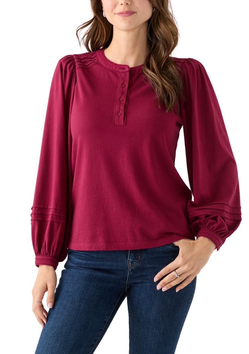 Womens Long Sleeve Pintuck Henley Solid Blouse