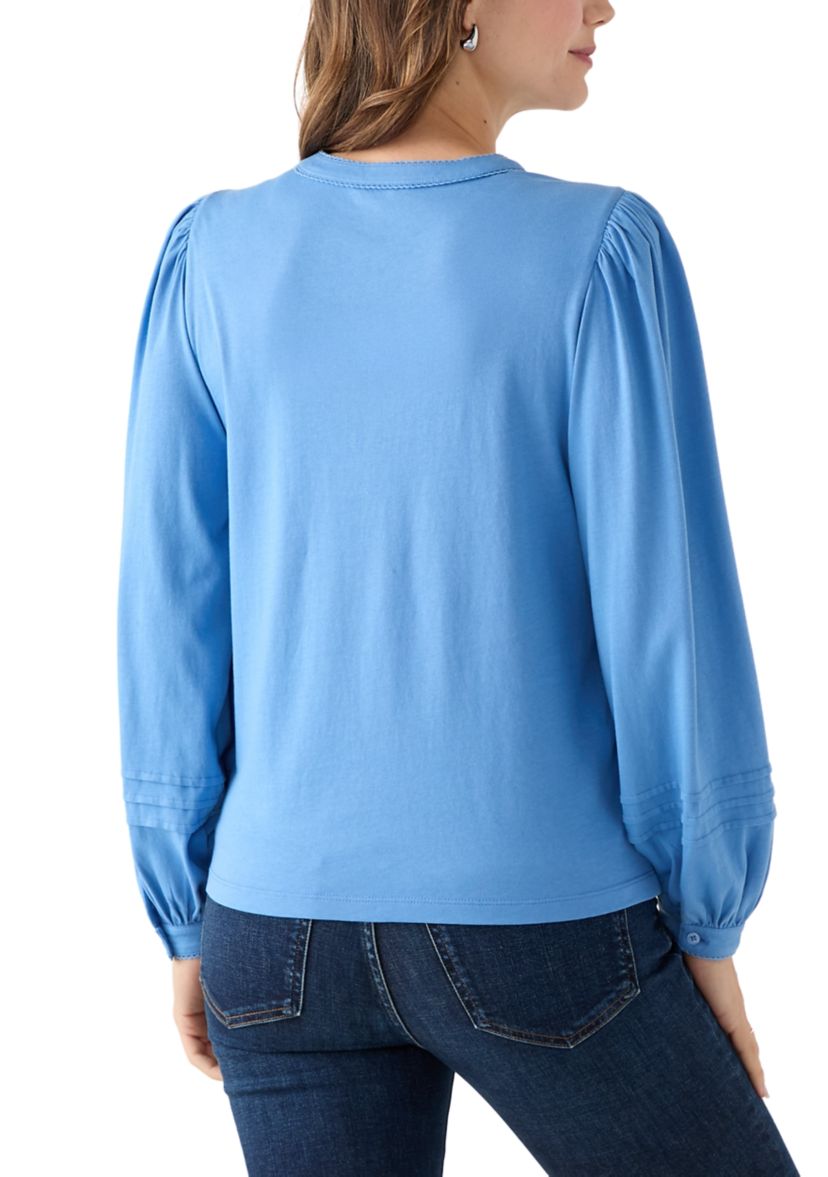 Womens Long Sleeve Pintuck Henley Solid Blouse