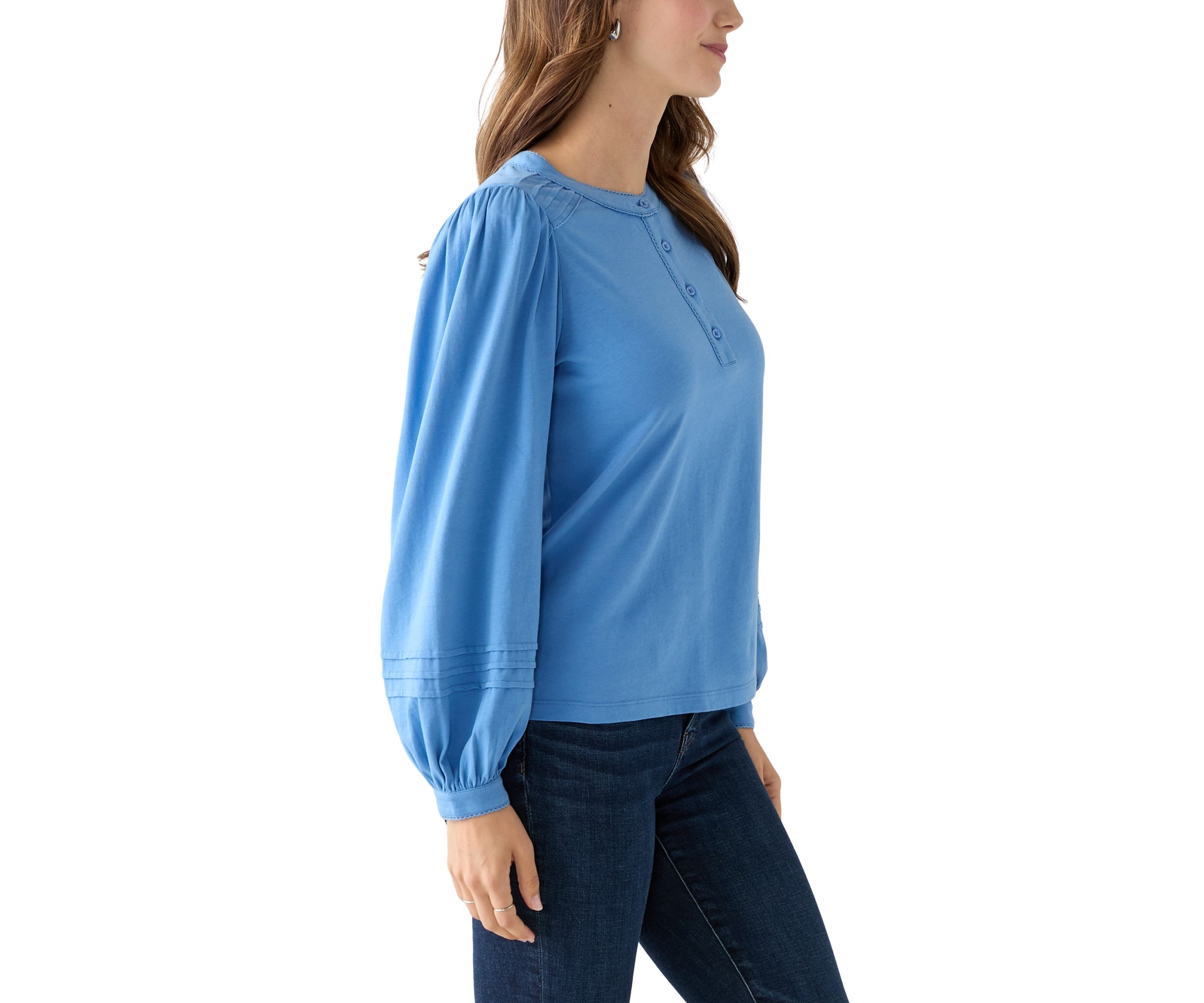 Womens Long Sleeve Pintuck Henley Solid Blouse