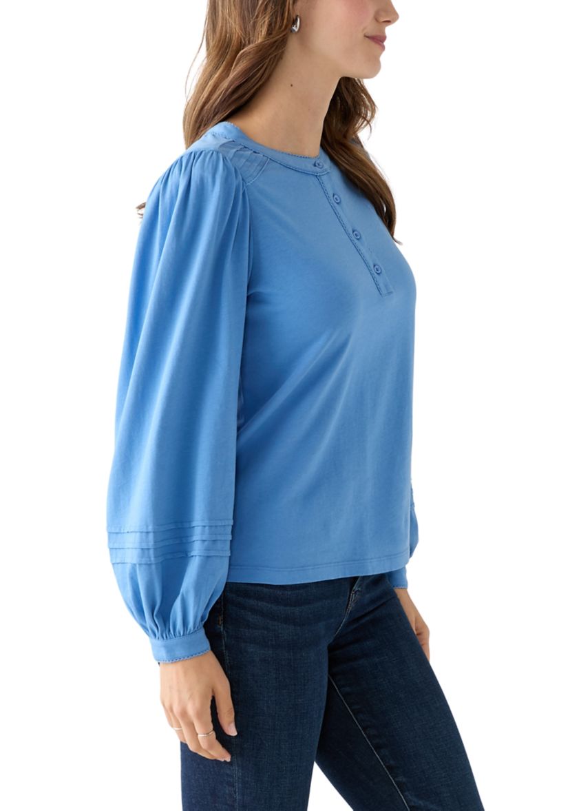 Womens Long Sleeve Pintuck Henley Solid Blouse