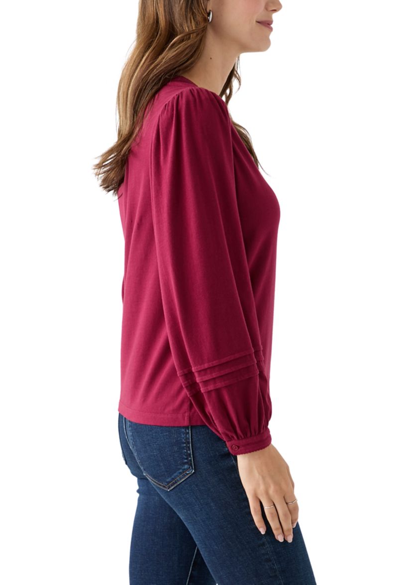 Womens Long Sleeve Pintuck Henley Solid Blouse