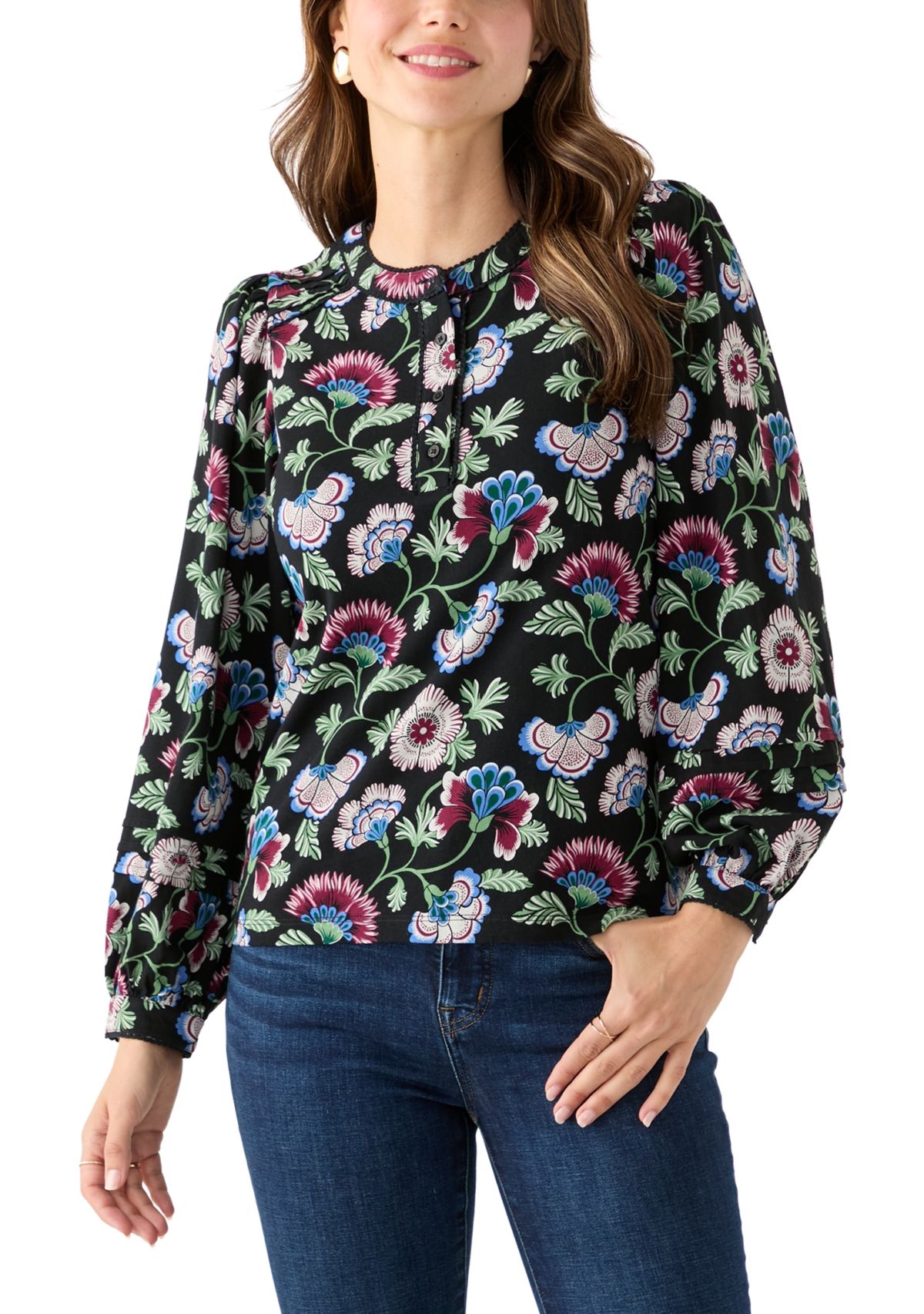 Womens Long Sleeve Pintuck Henley Print Blouse
