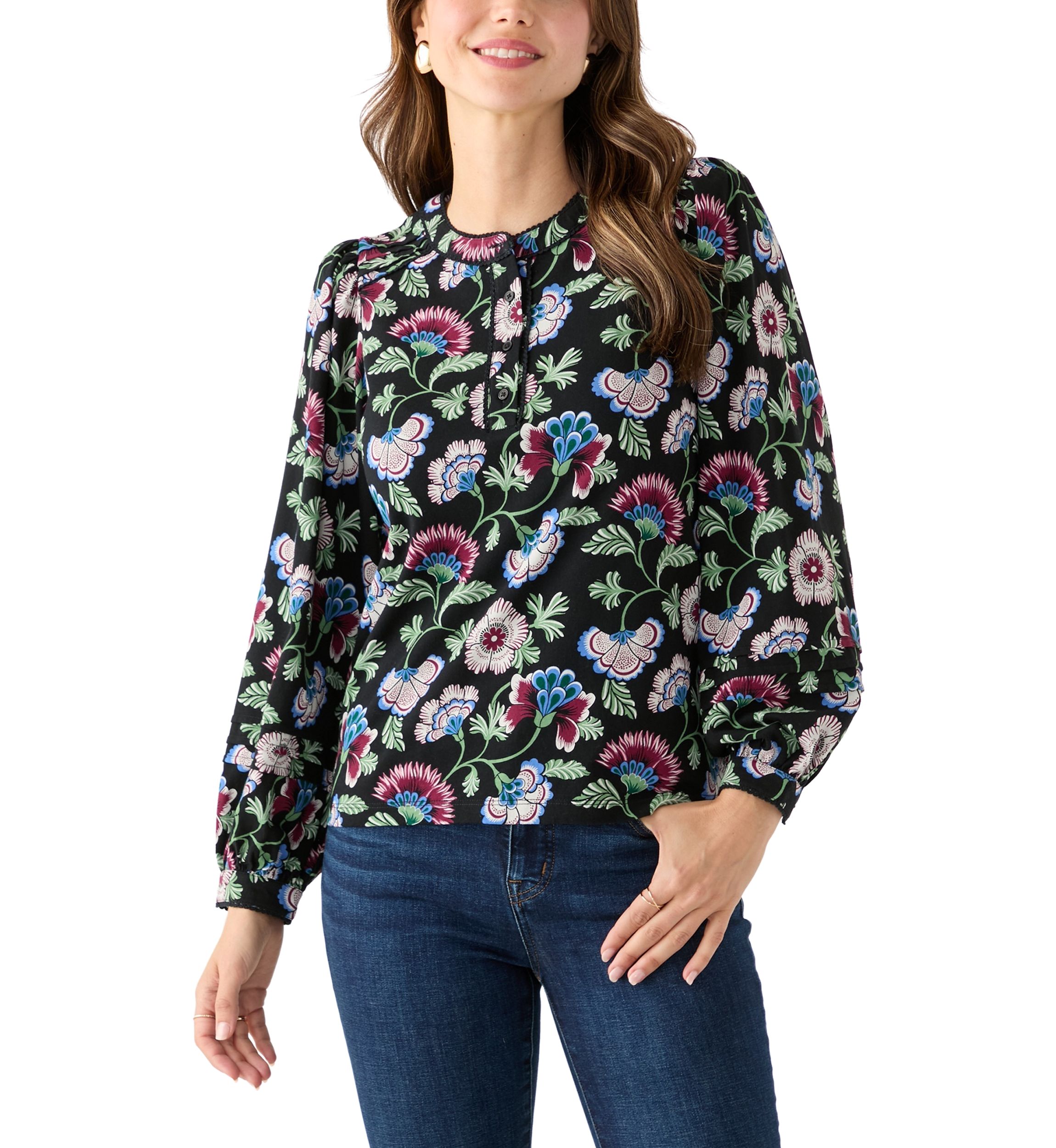 Womens Long Sleeve Pintuck Henley Print Blouse