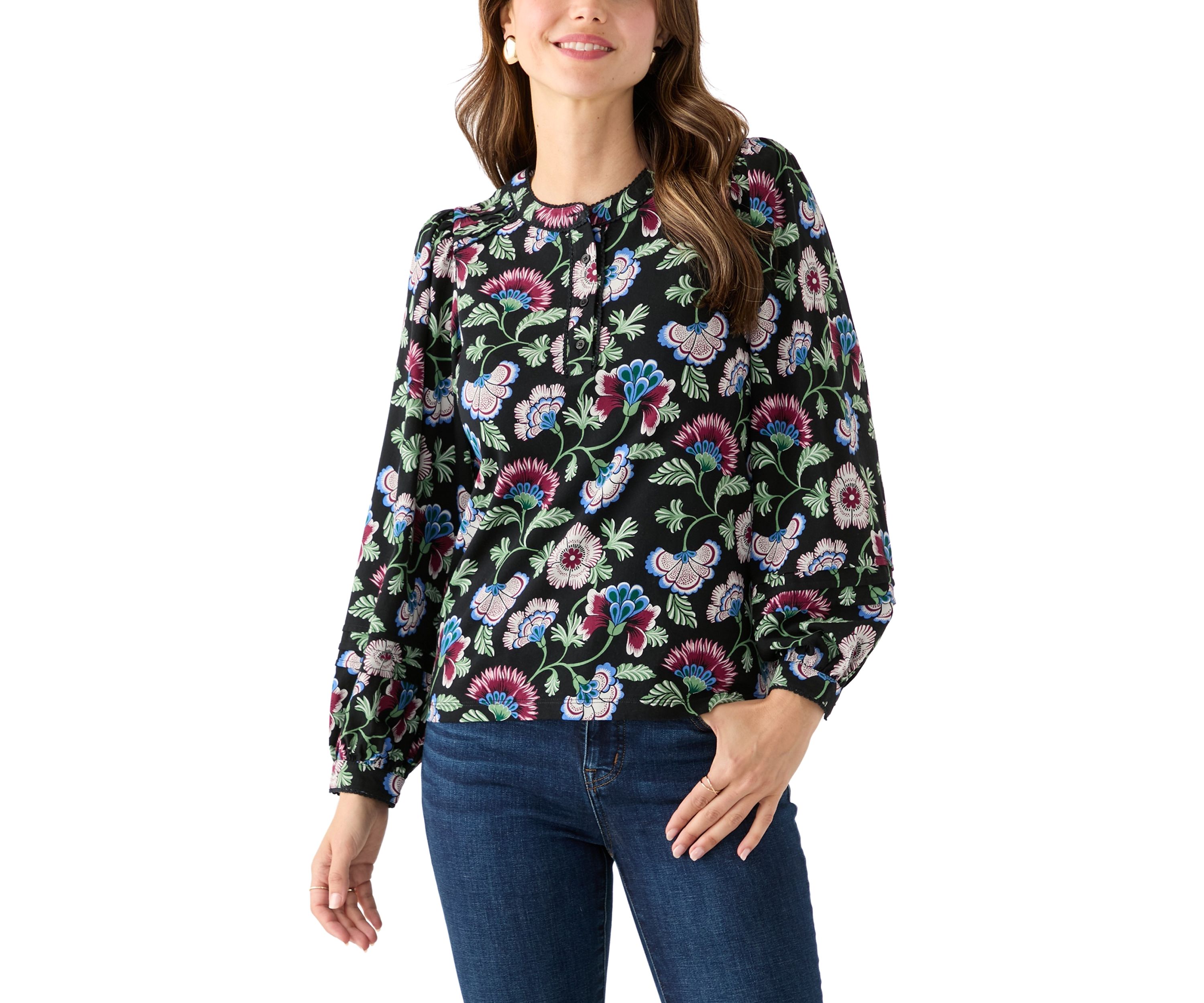 Womens Long Sleeve Pintuck Henley Print Blouse