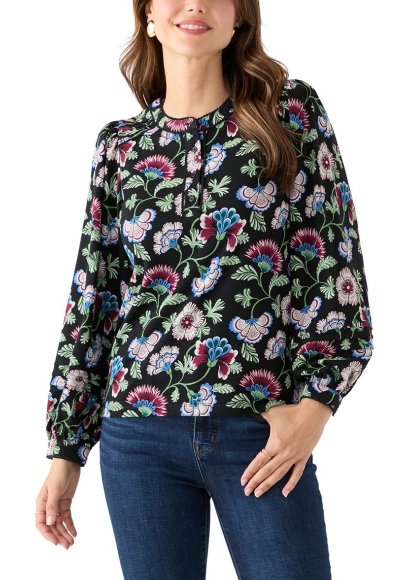 Womens Long Sleeve Pintuck Henley Print Blouse