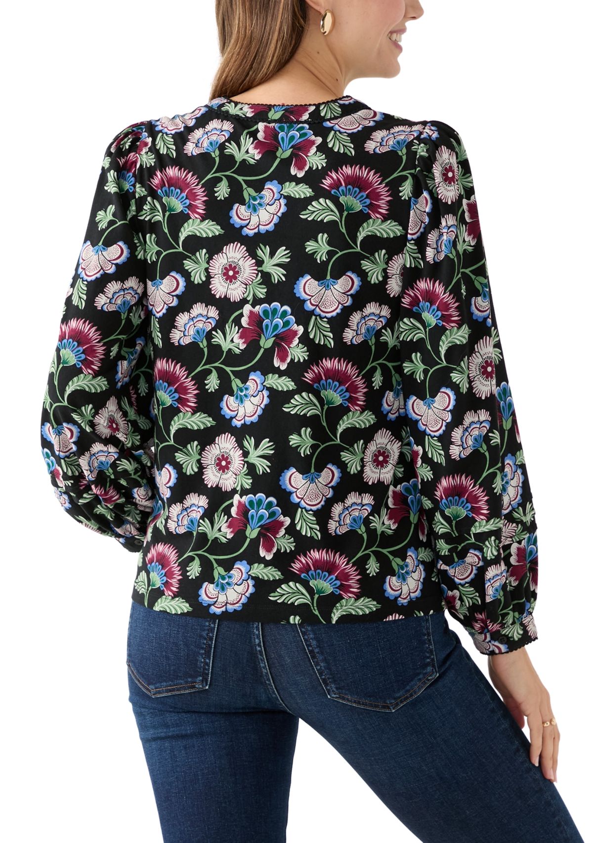 Womens Long Sleeve Pintuck Henley Print Blouse