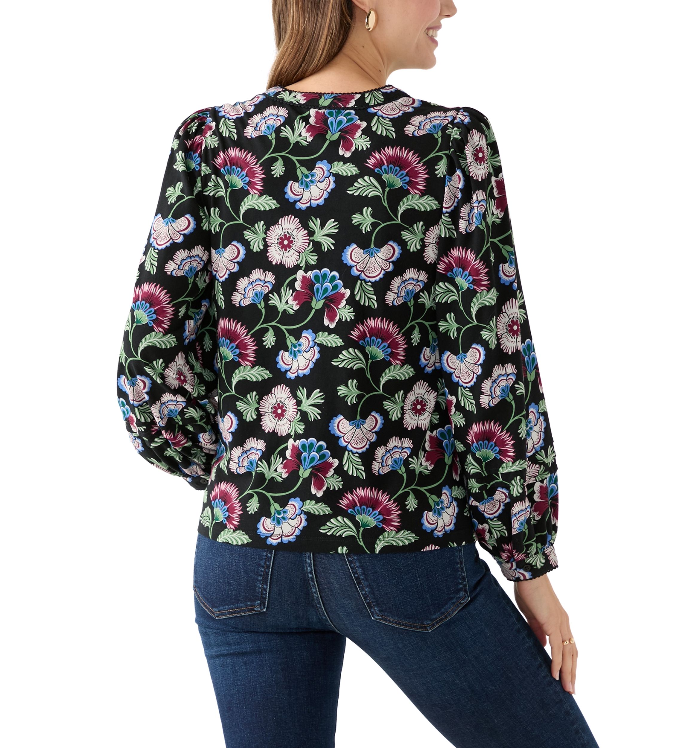 Womens Long Sleeve Pintuck Henley Print Blouse