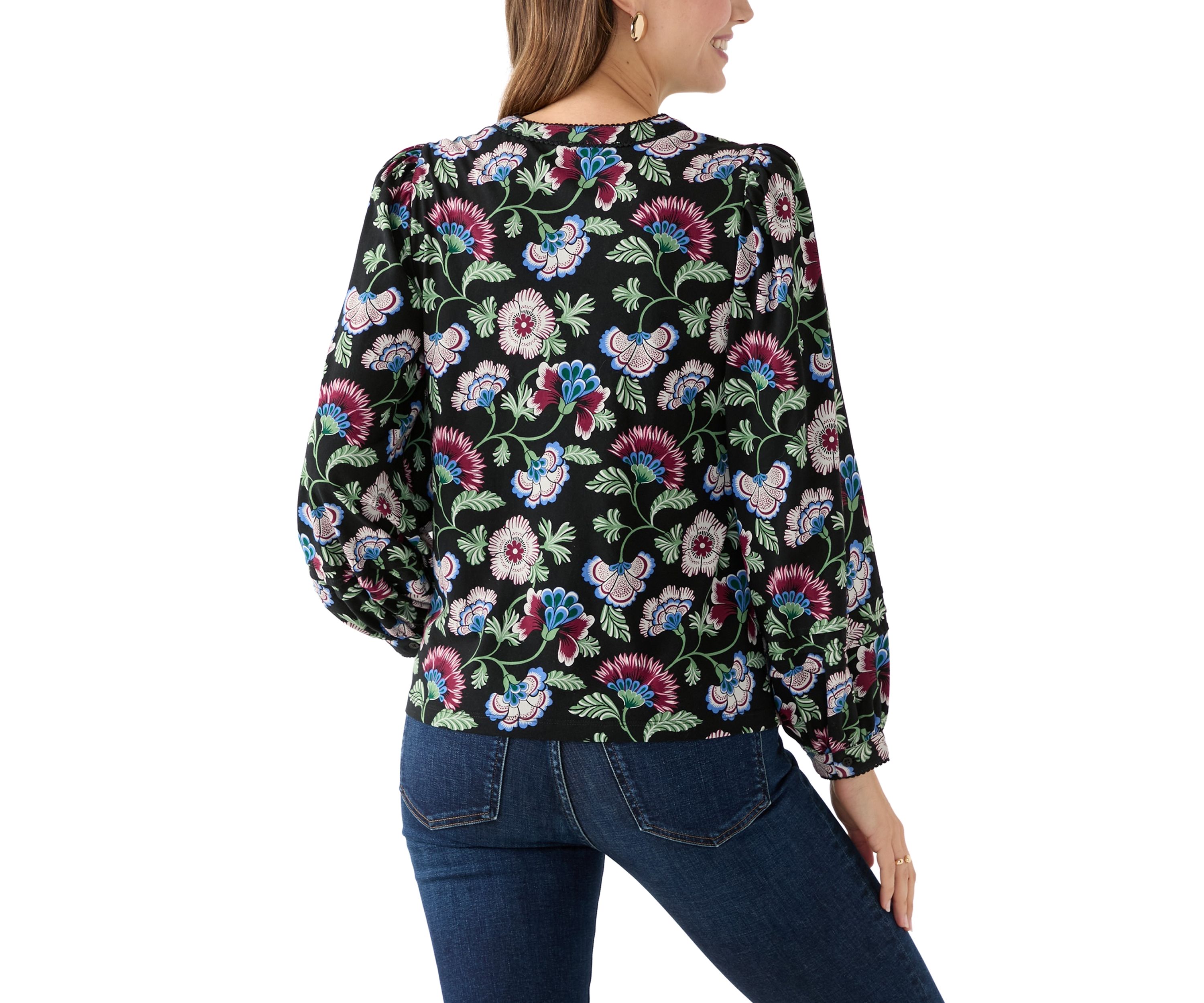 Womens Long Sleeve Pintuck Henley Print Blouse