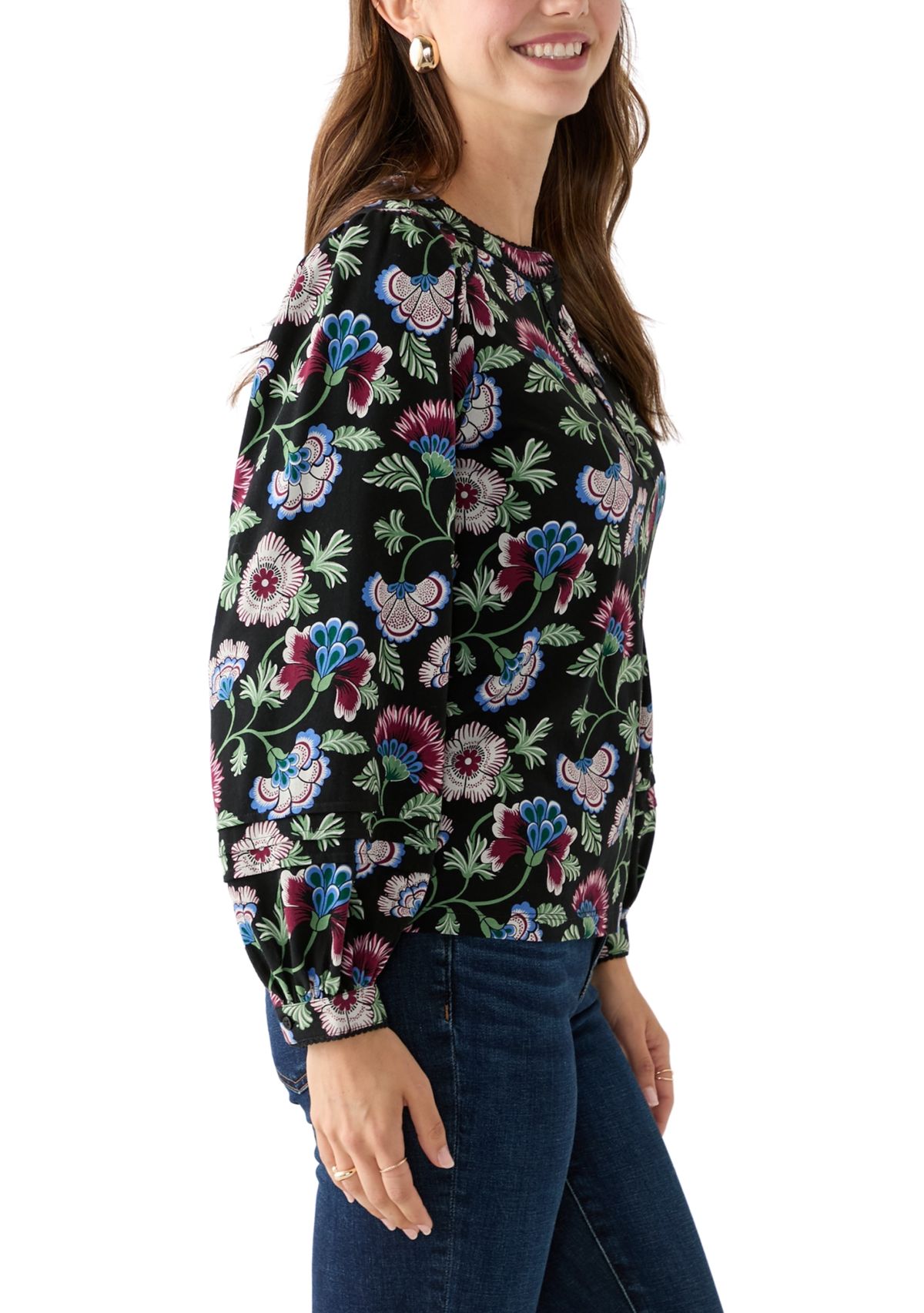 Womens Long Sleeve Pintuck Henley Print Blouse