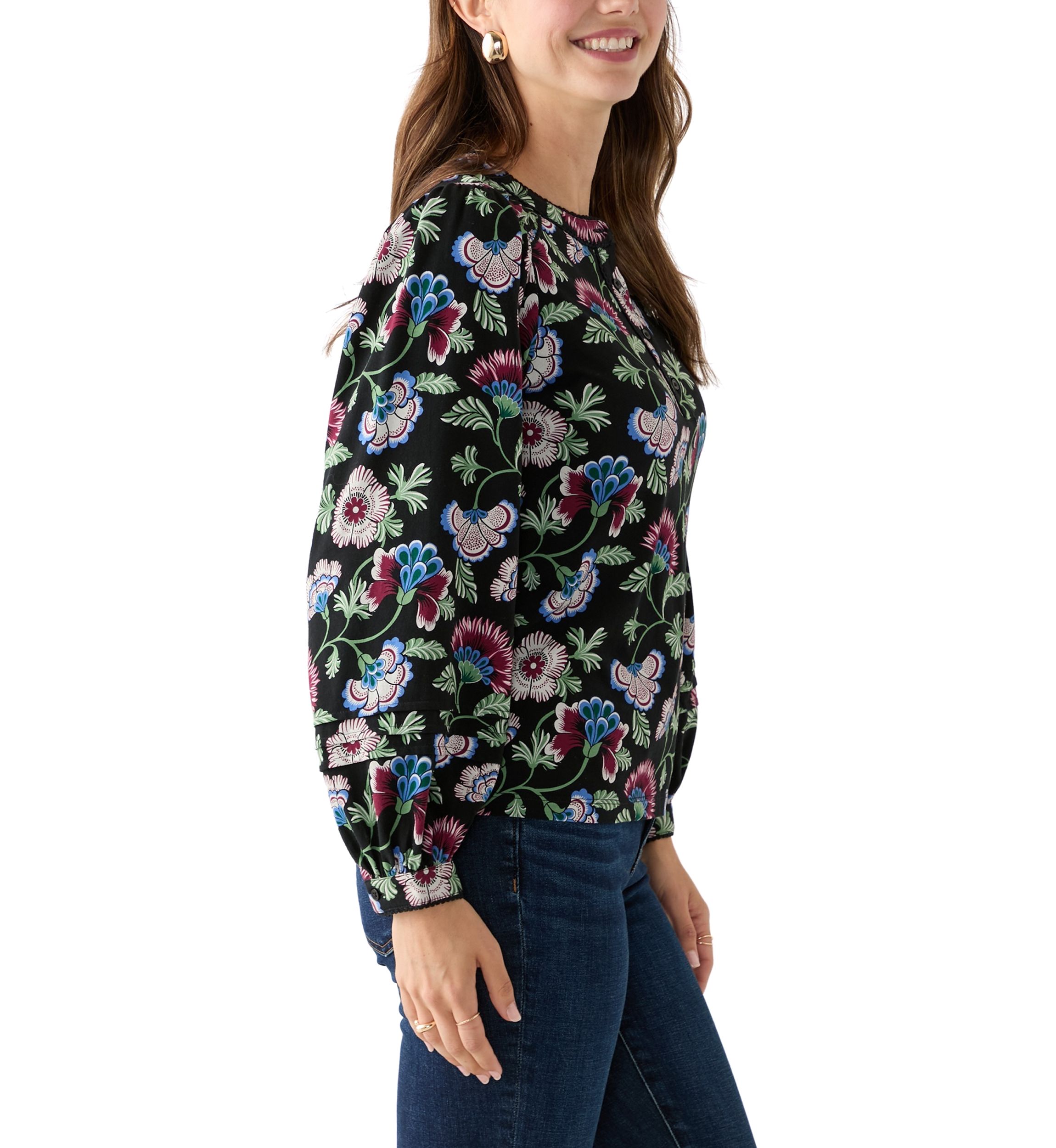 Womens Long Sleeve Pintuck Henley Print Blouse