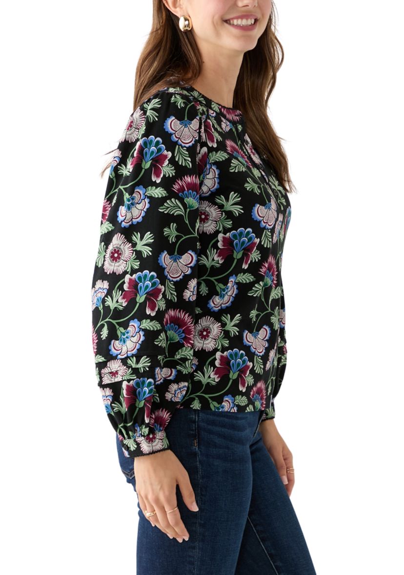 Womens Long Sleeve Pintuck Henley Print Blouse