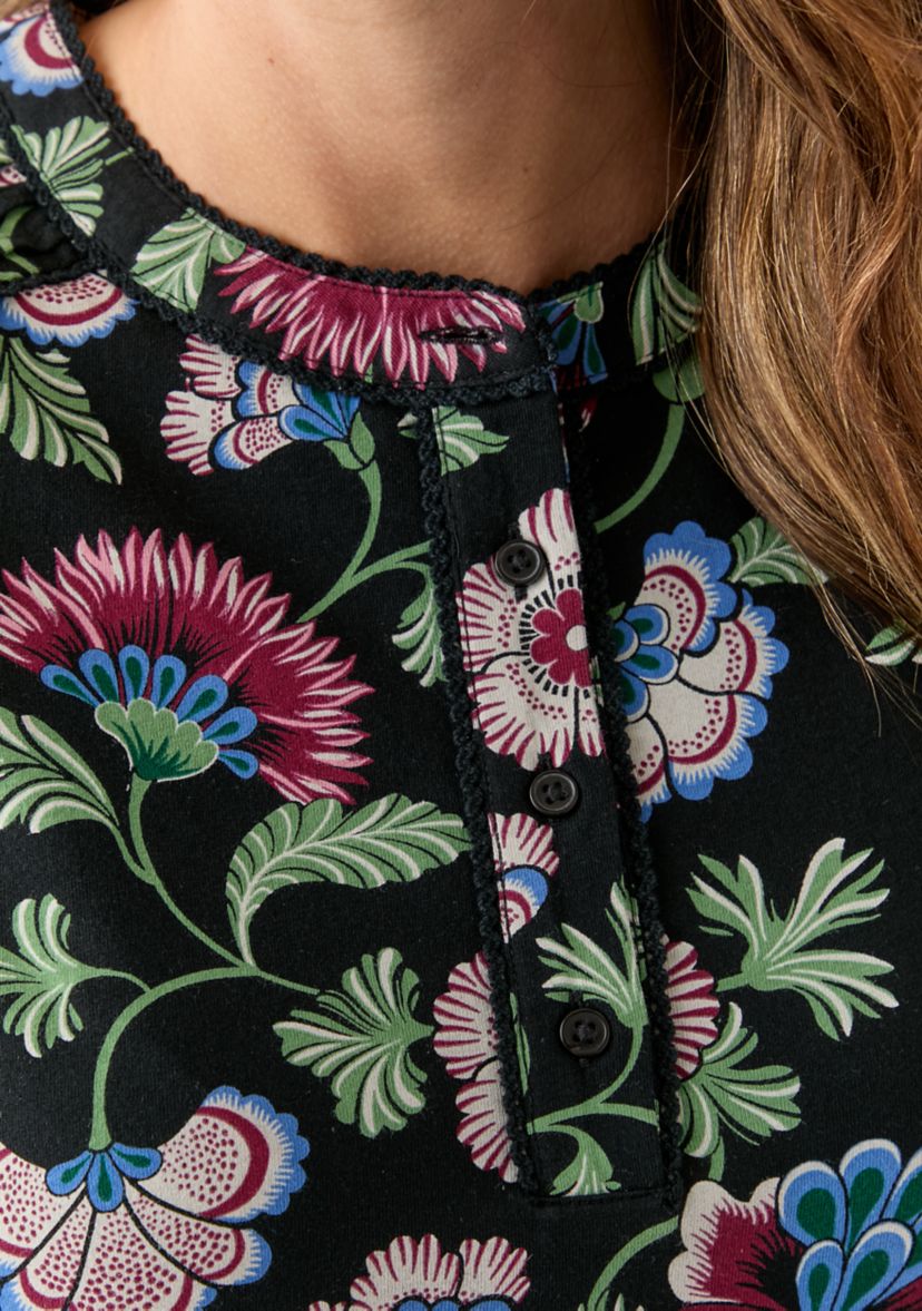 Womens Long Sleeve Pintuck Henley Print Blouse