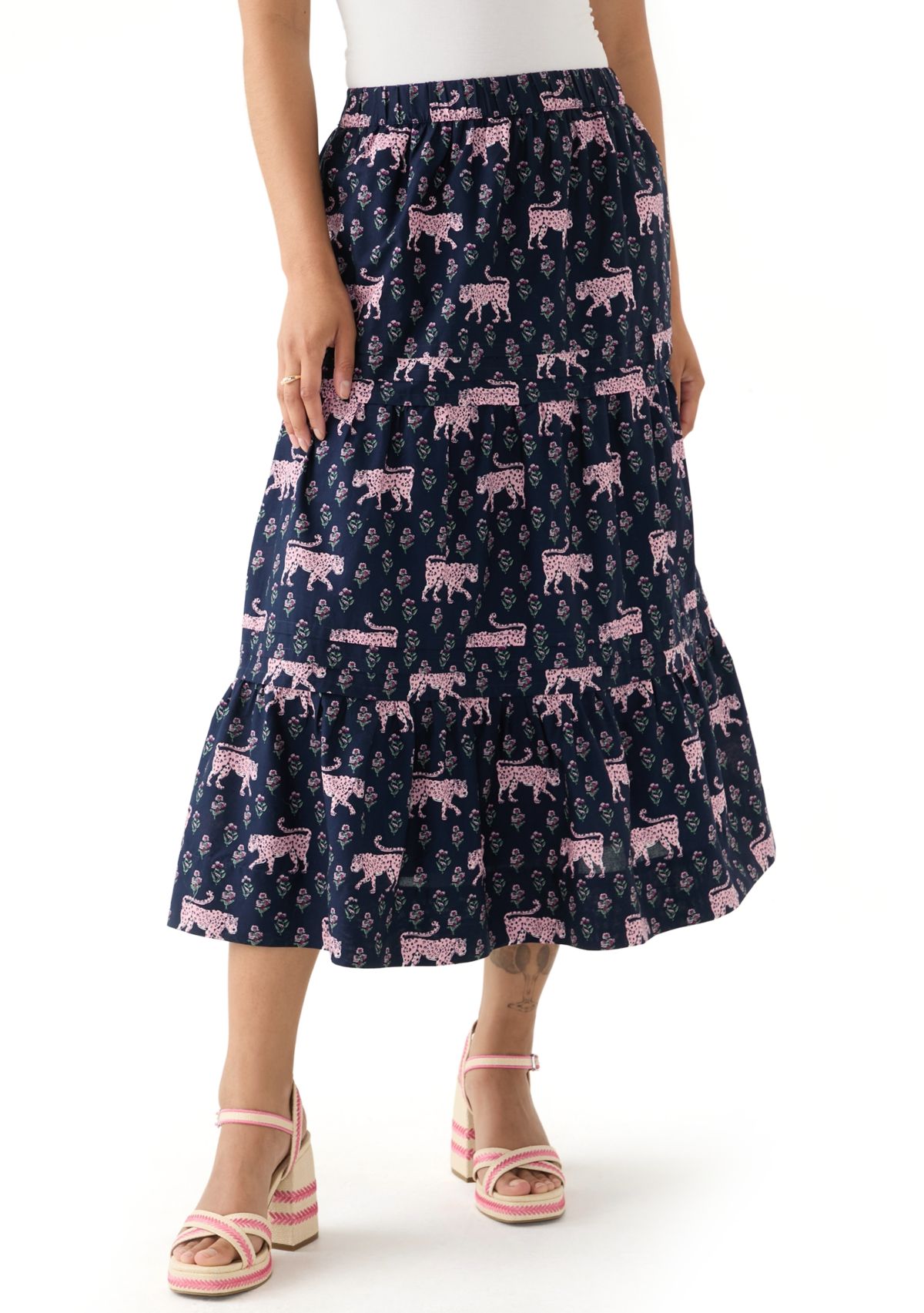 Plus Size Pleated Printed Midi Skirt