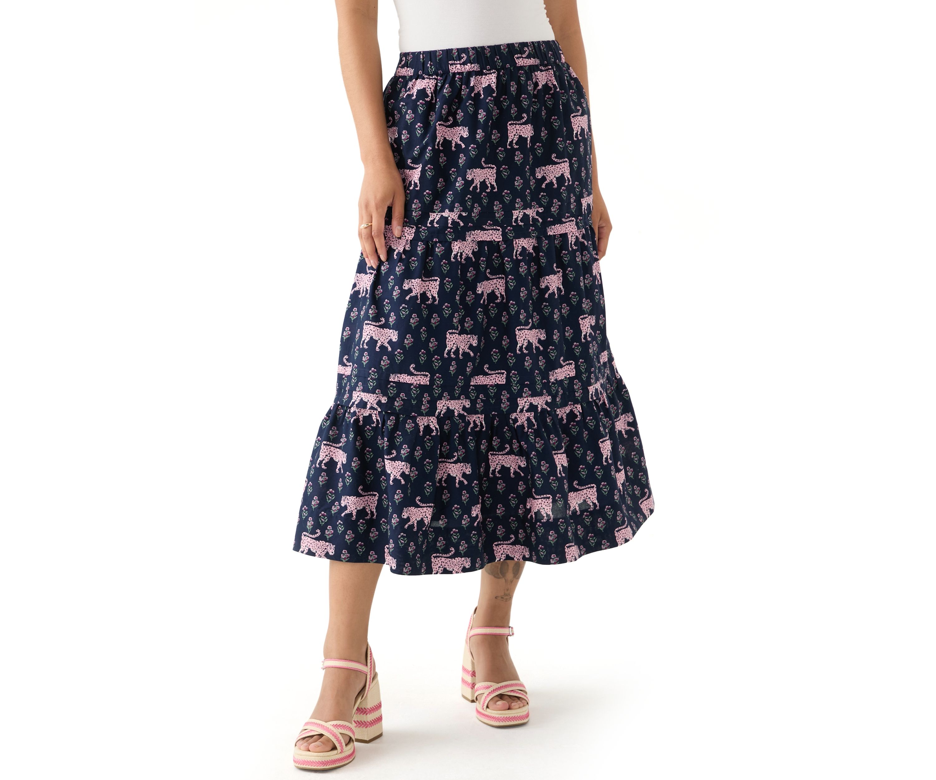 Plus Size Pleated Printed Midi Skirt
