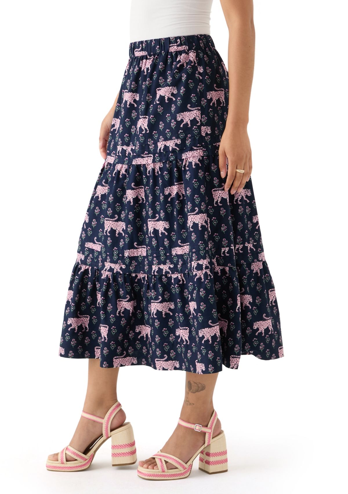 Plus Size Pleated Printed Midi Skirt