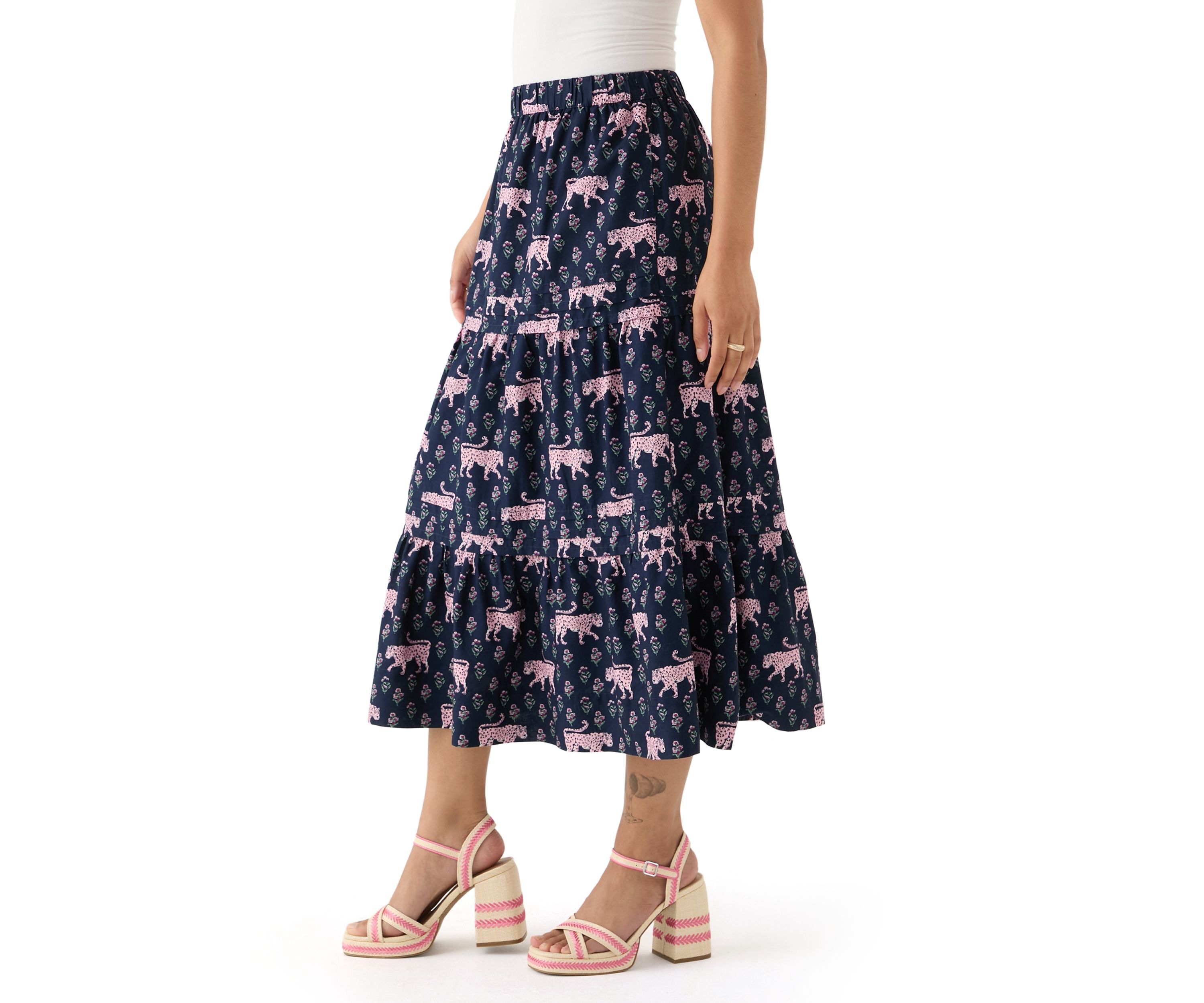 Plus Size Pleated Printed Midi Skirt