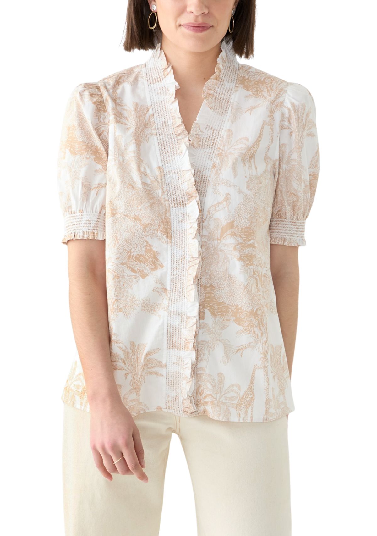 Womens Smock Neck Ruffle Printed Blouse 
