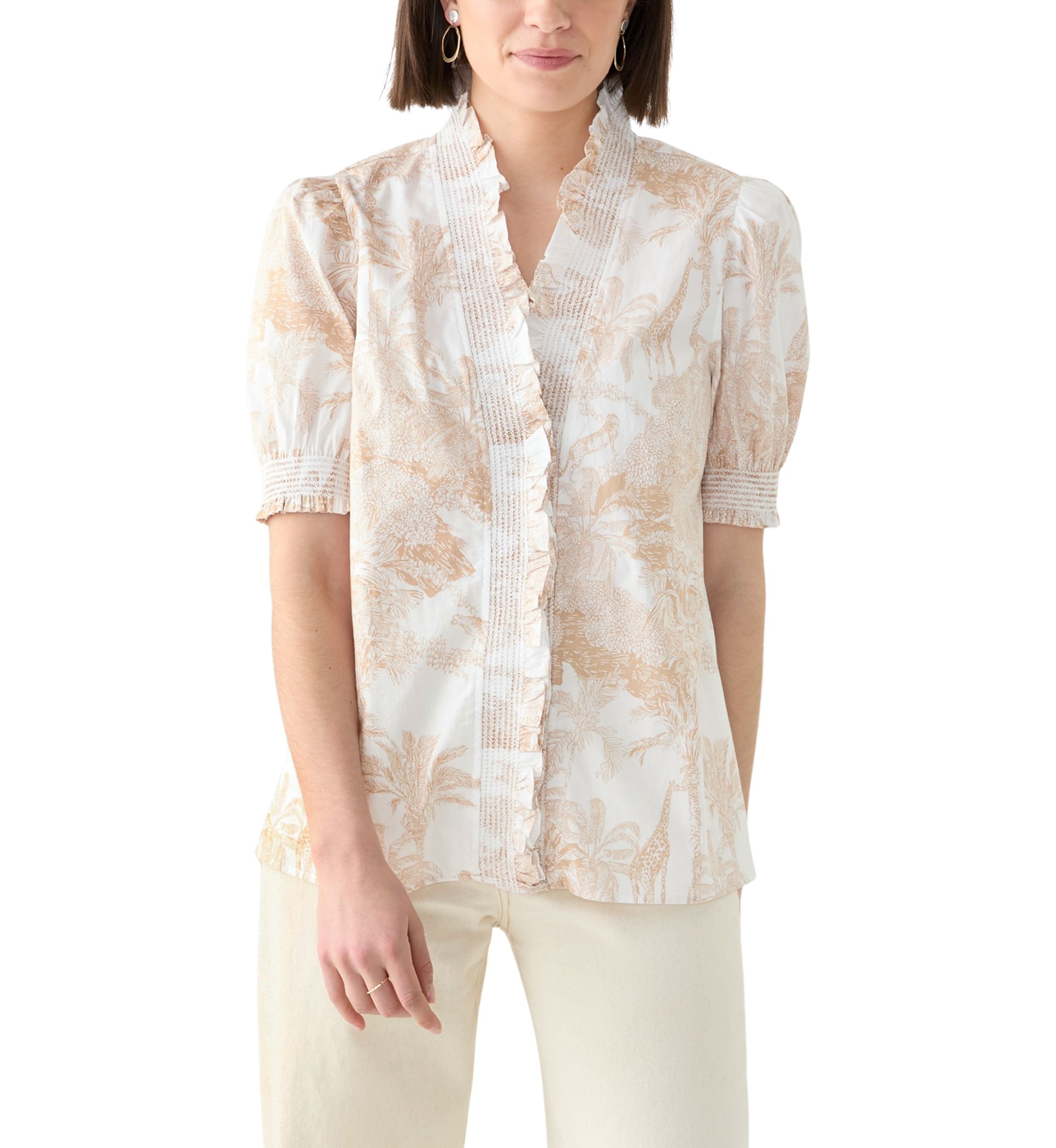 Womens Smock Neck Ruffle Printed Blouse 