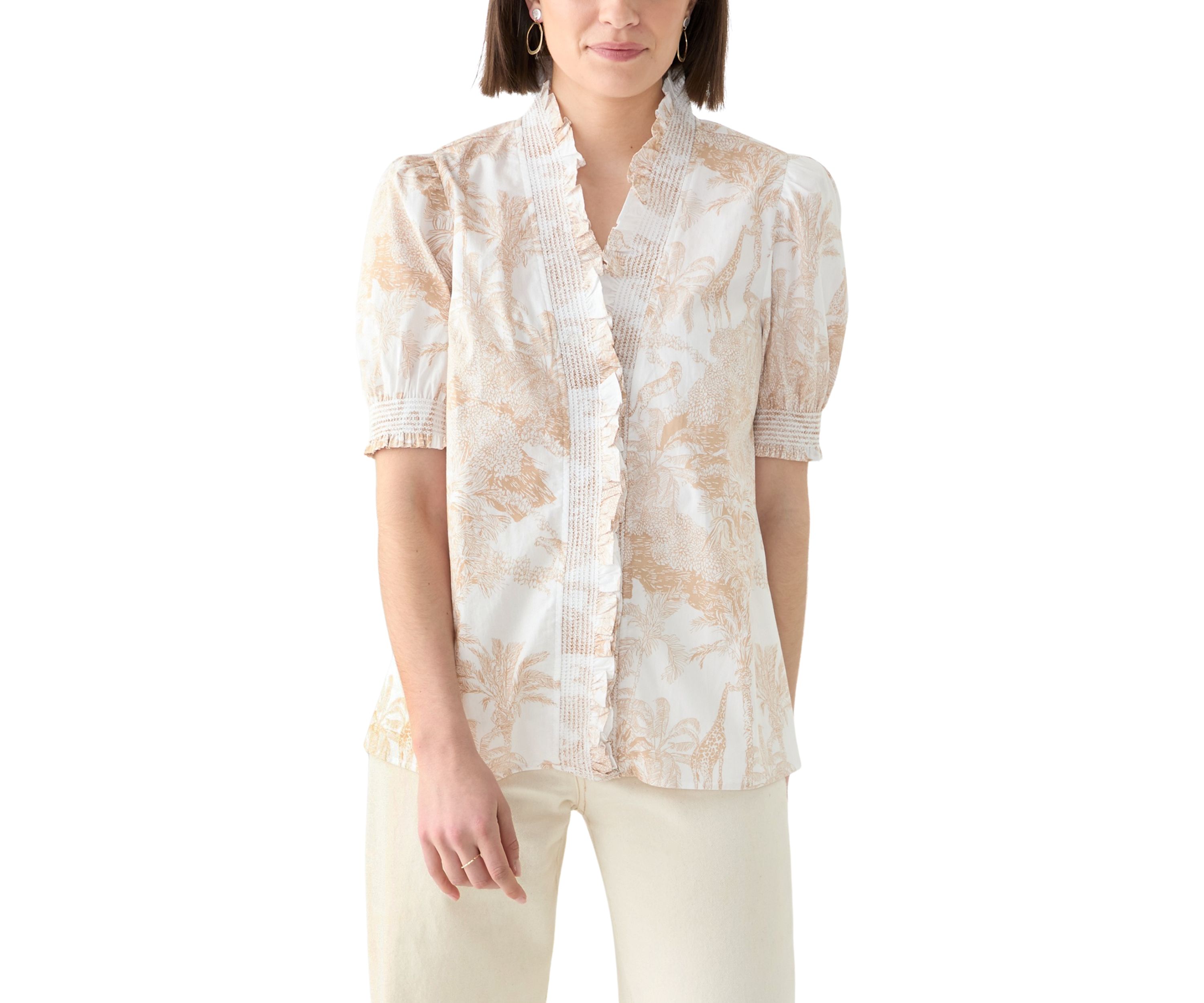 Womens Smock Neck Ruffle Printed Blouse 