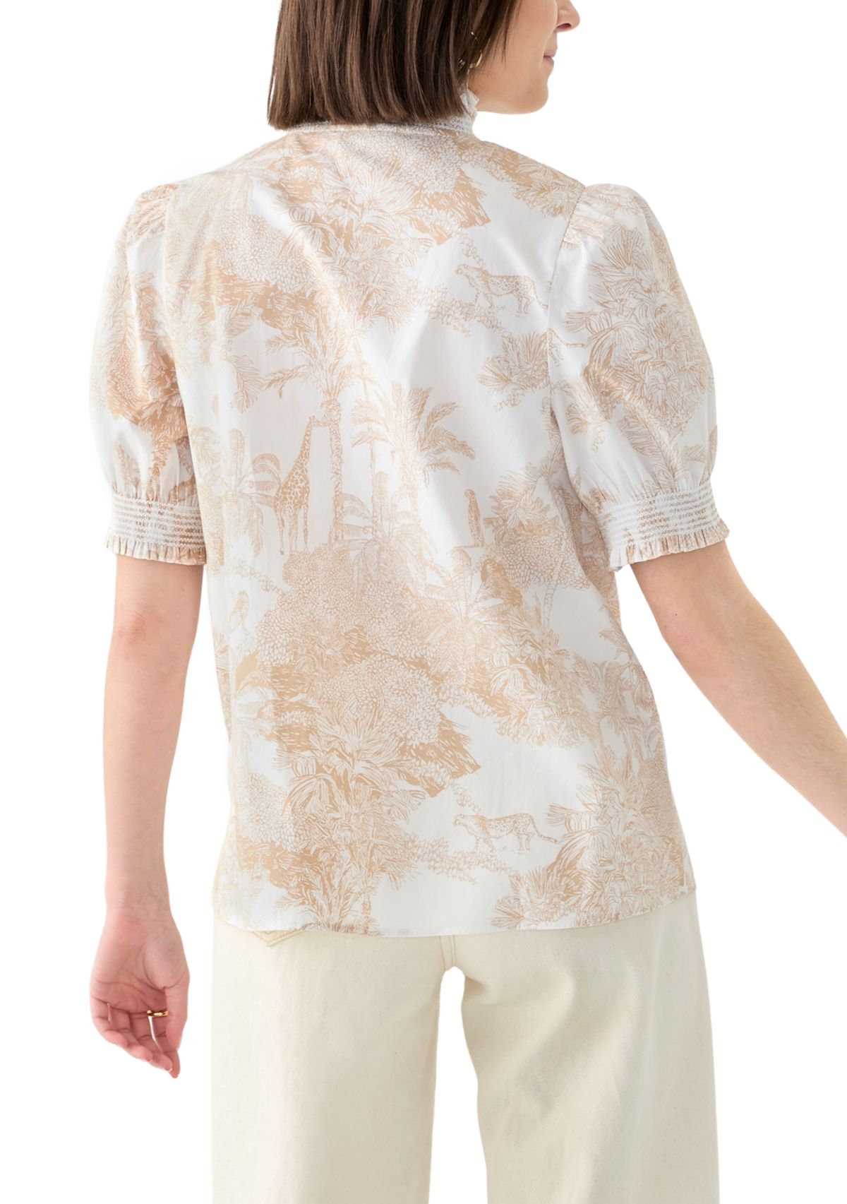 Womens Smock Neck Ruffle Printed Blouse 