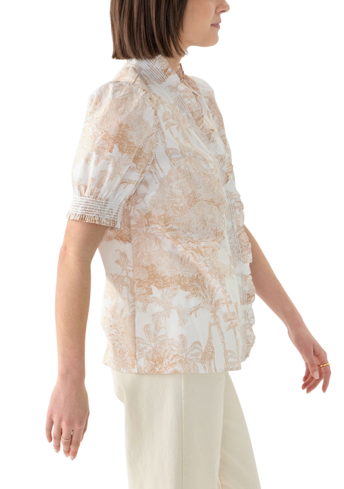 Womens Smock Neck Ruffle Printed Blouse 