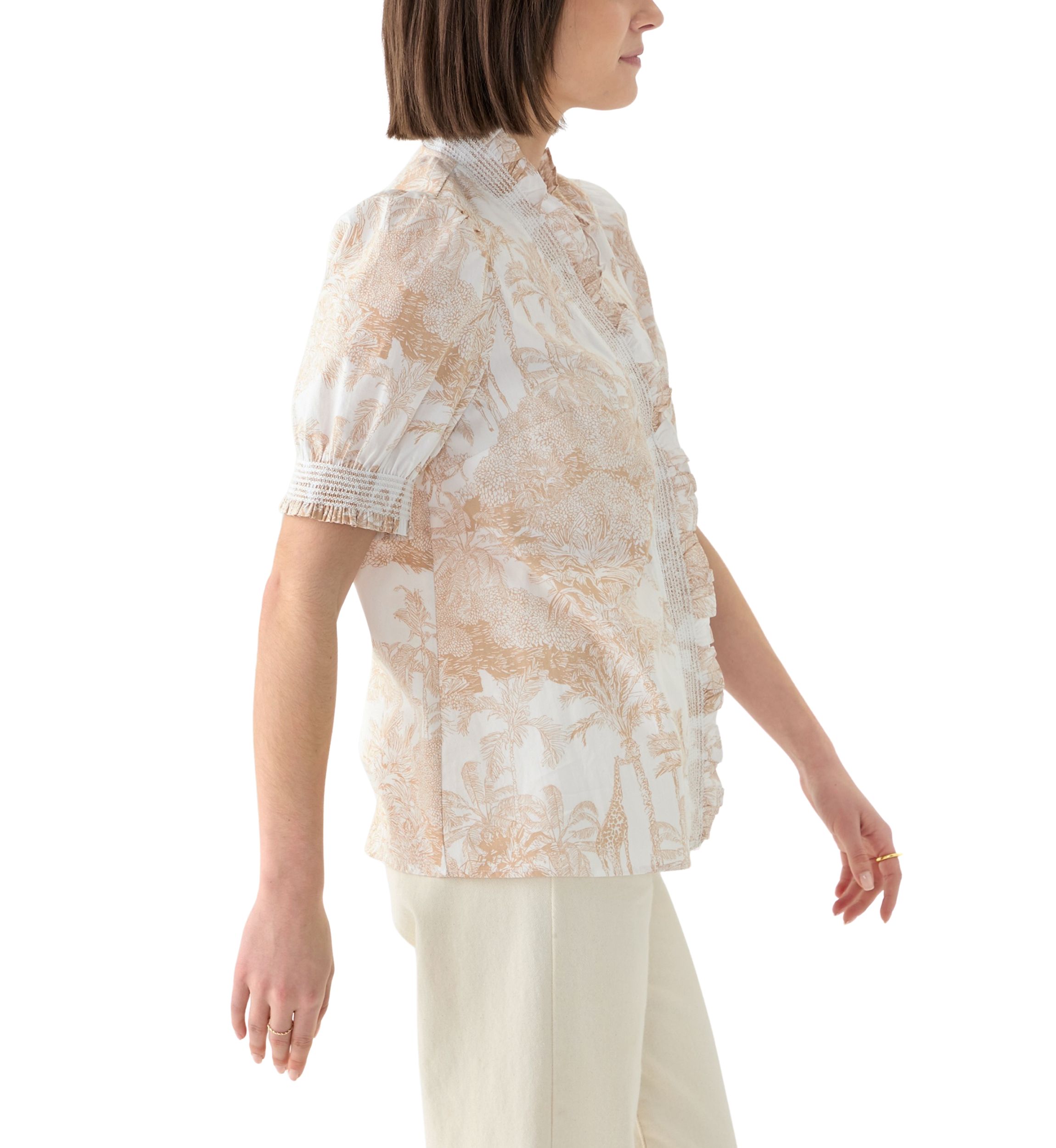 Womens Smock Neck Ruffle Printed Blouse 