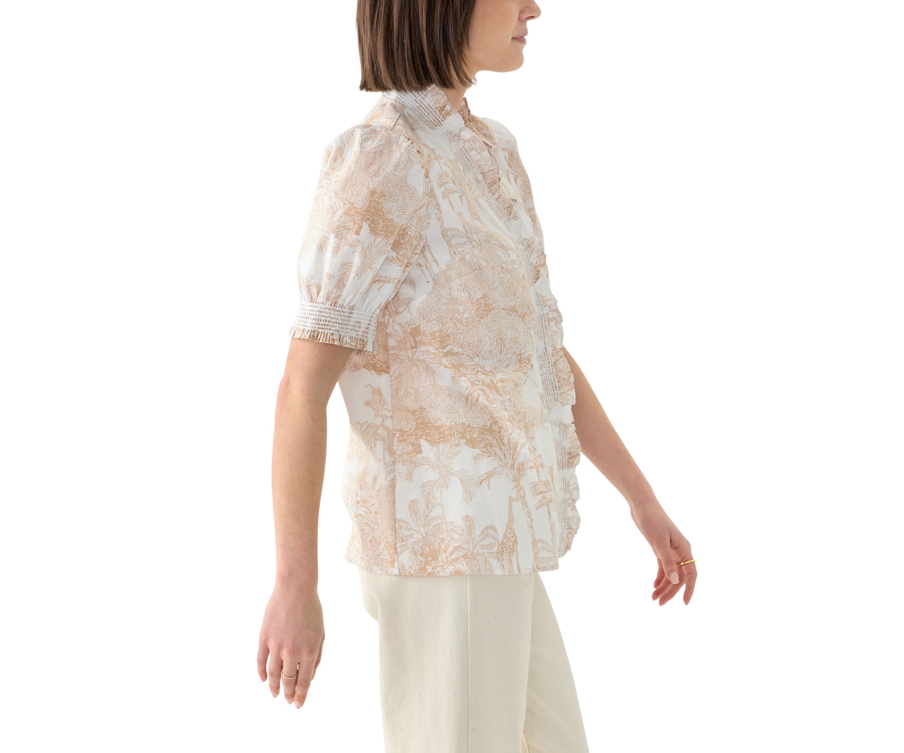 Womens Smock Neck Ruffle Printed Blouse 