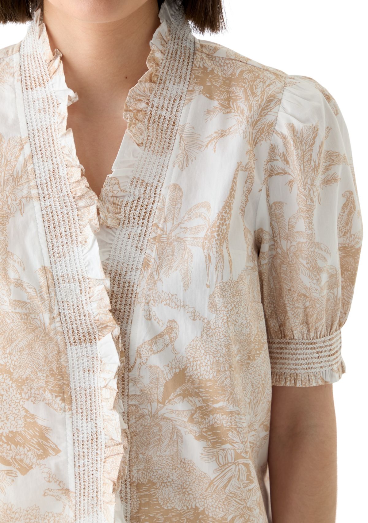 Womens Smock Neck Ruffle Printed Blouse 