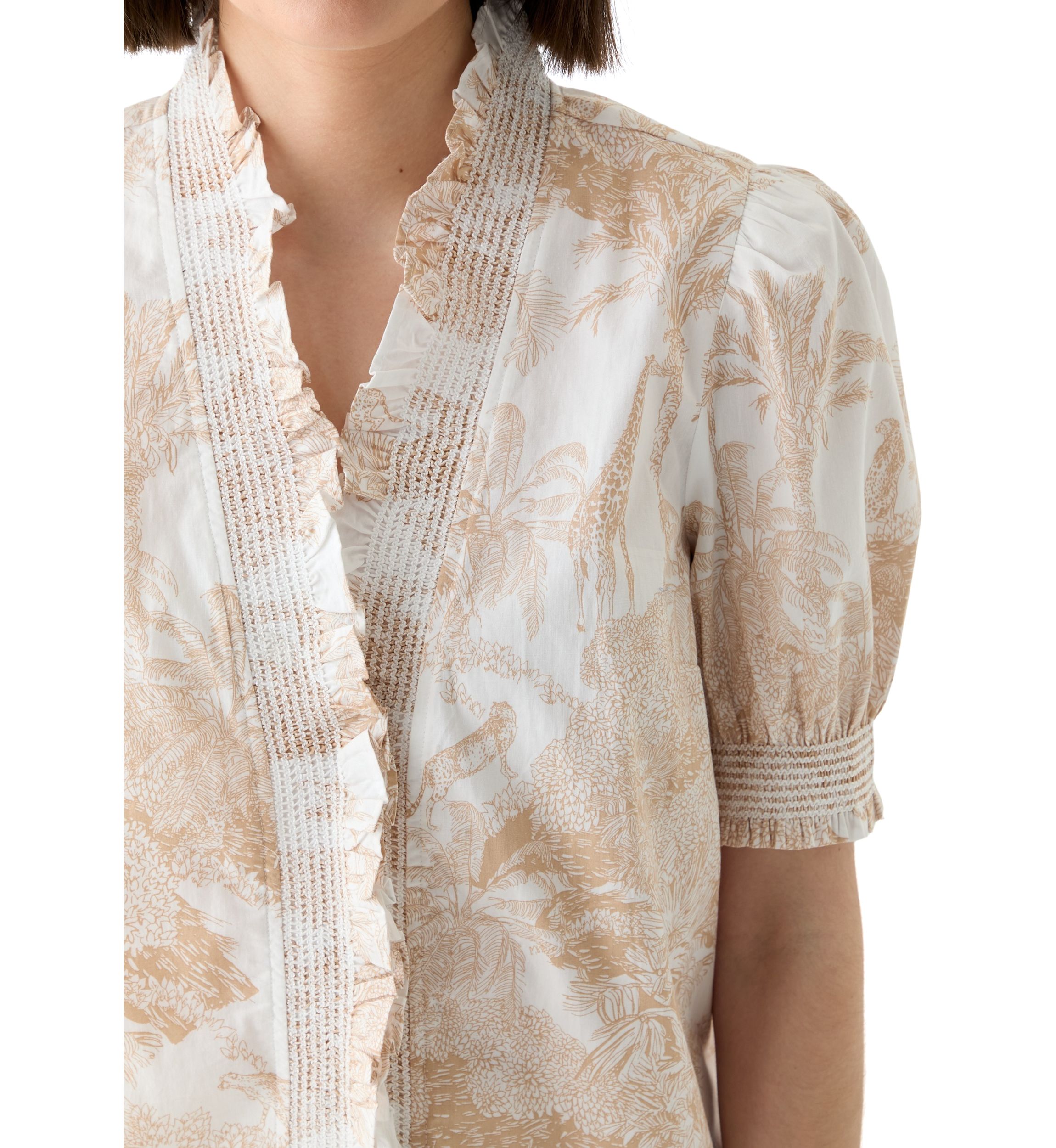 Womens Smock Neck Ruffle Printed Blouse 