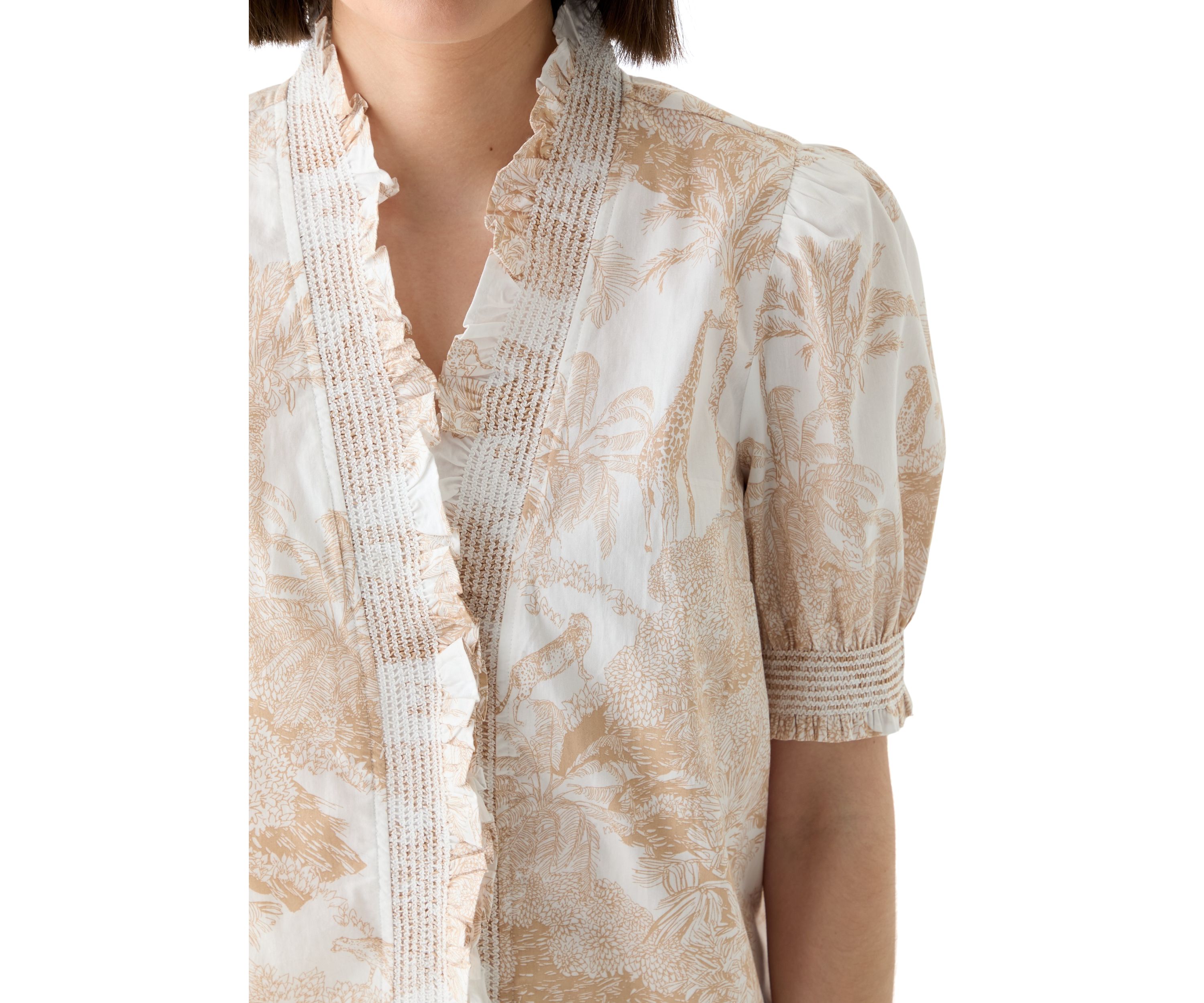 Womens Smock Neck Ruffle Printed Blouse 