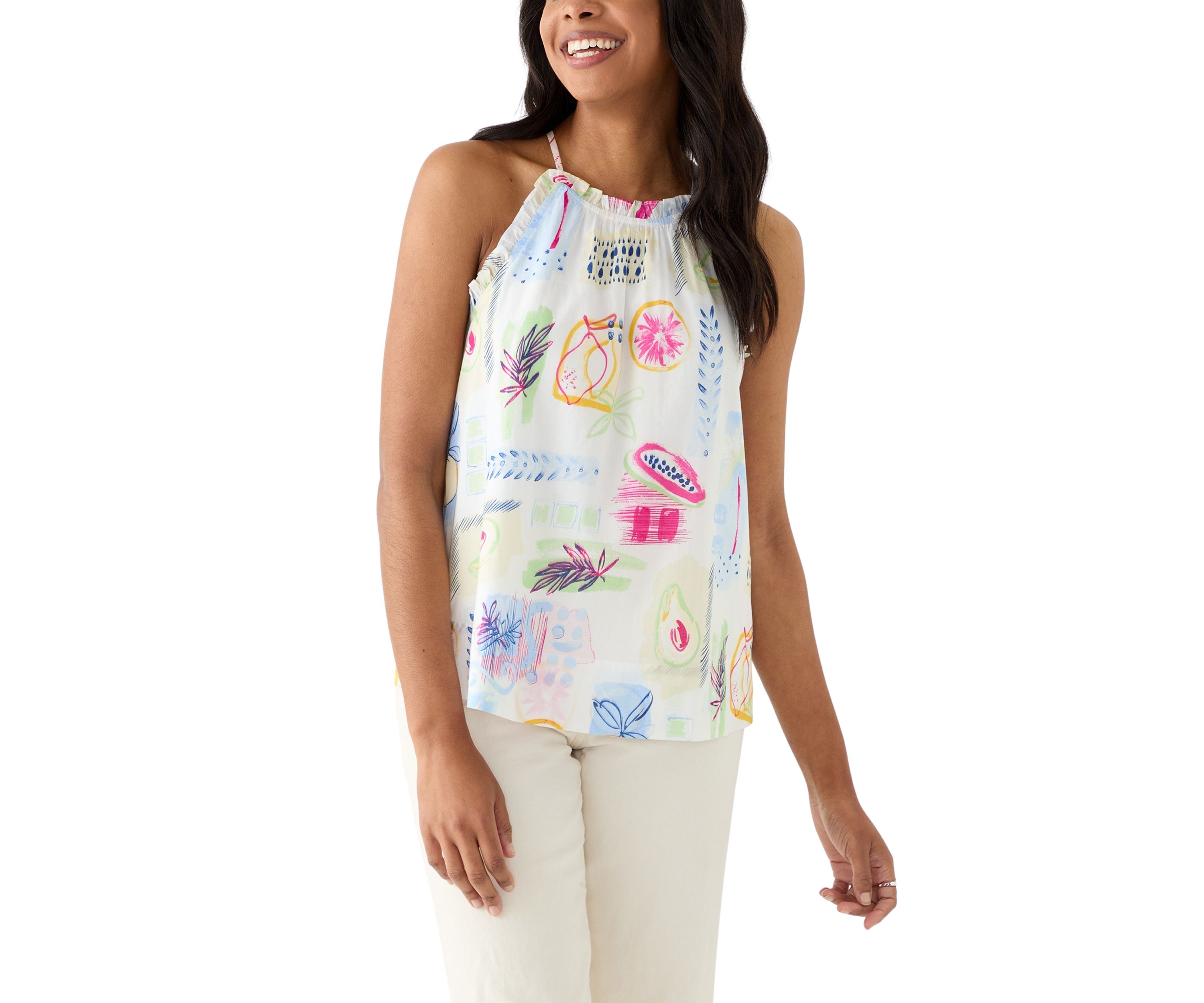 Womens Sleeveless Printed Ruffle Halter Top