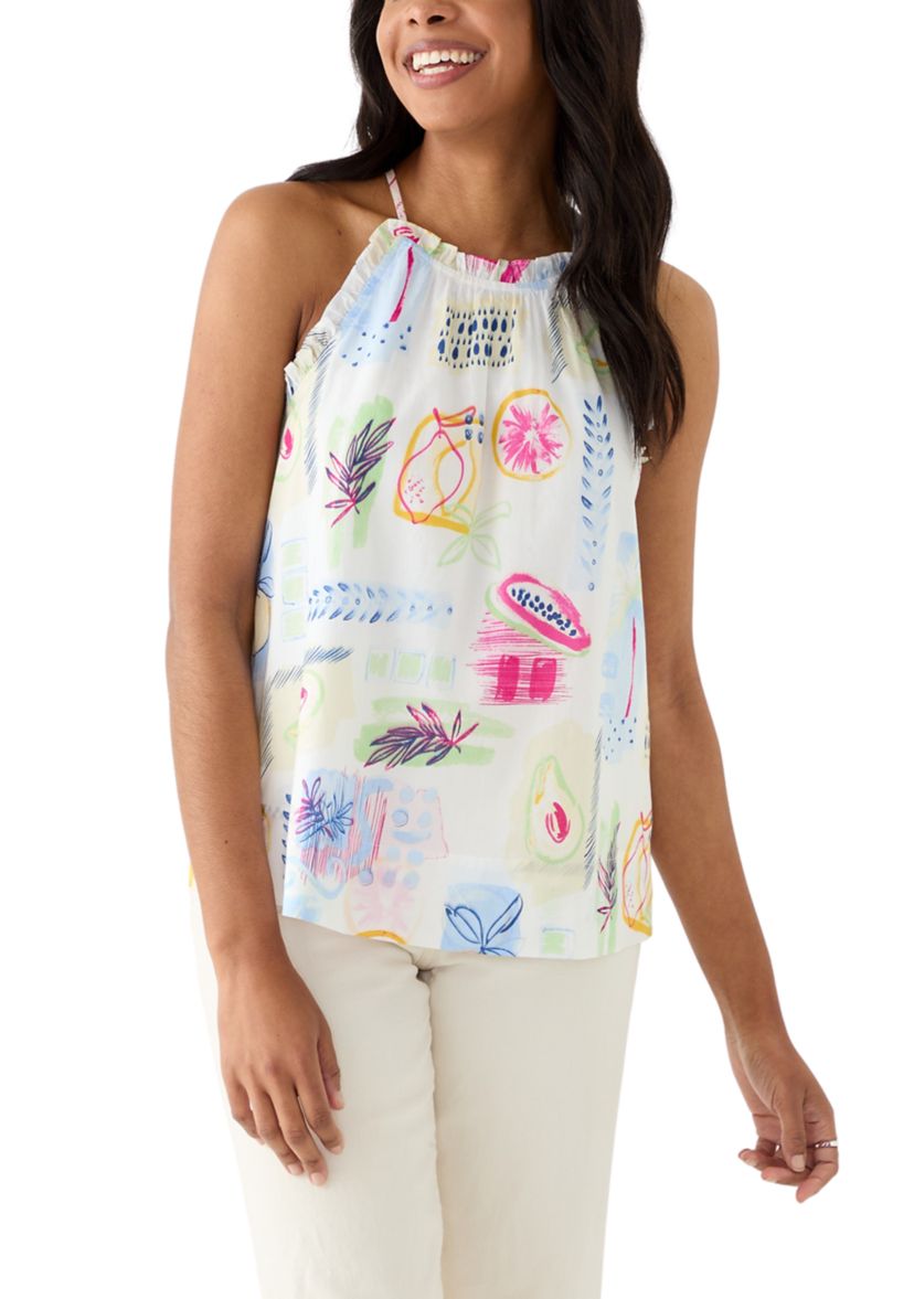 Womens Sleeveless Printed Ruffle Halter Top