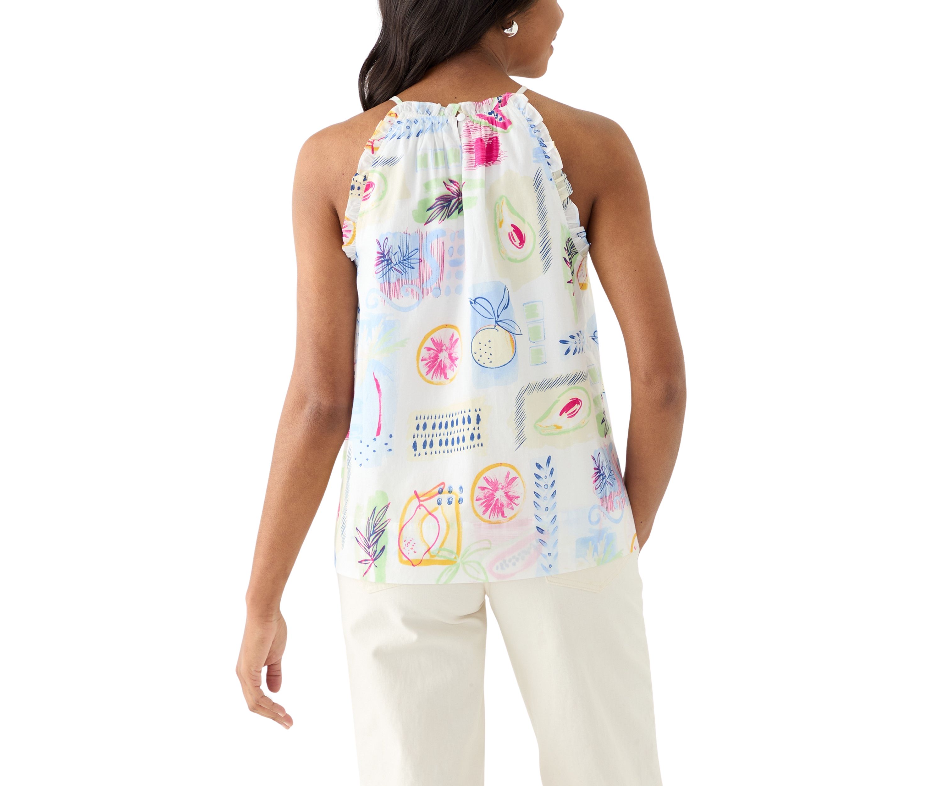 Womens Sleeveless Printed Ruffle Halter Top