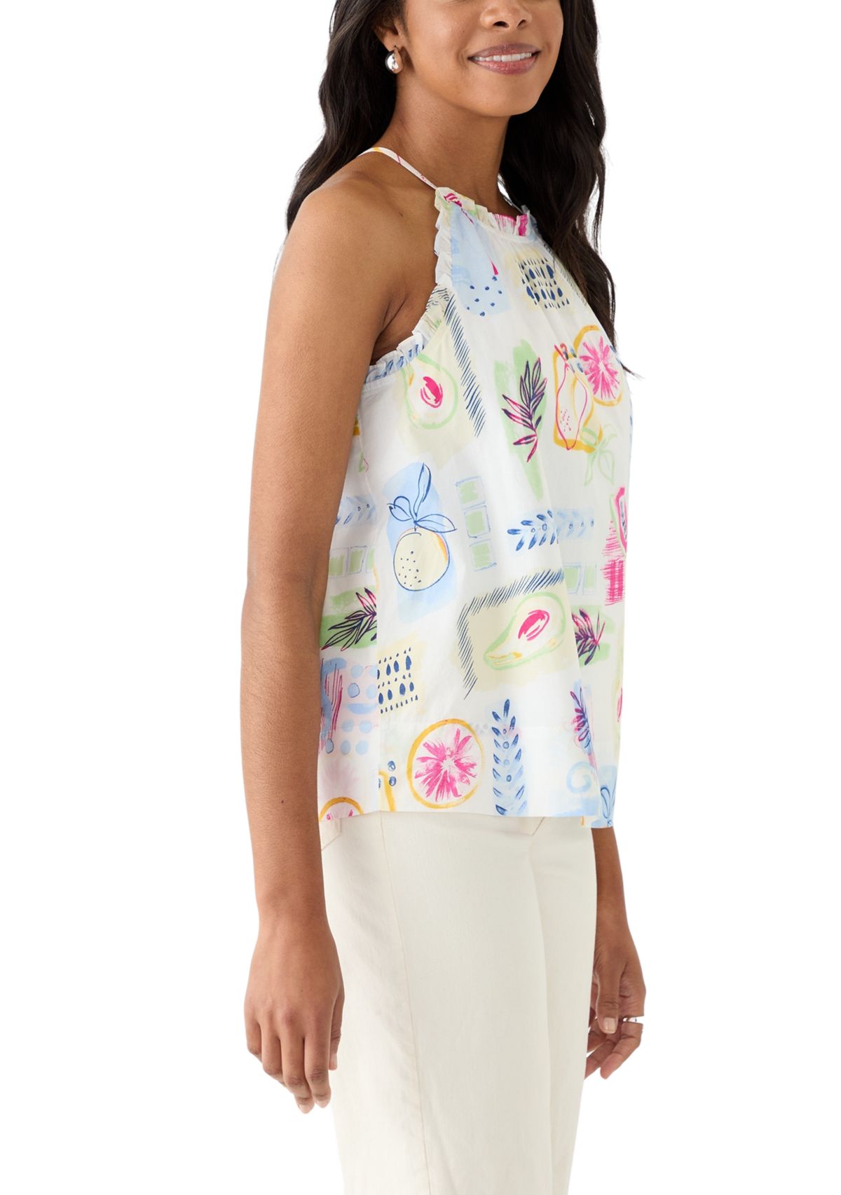 Womens Sleeveless Printed Ruffle Halter Top