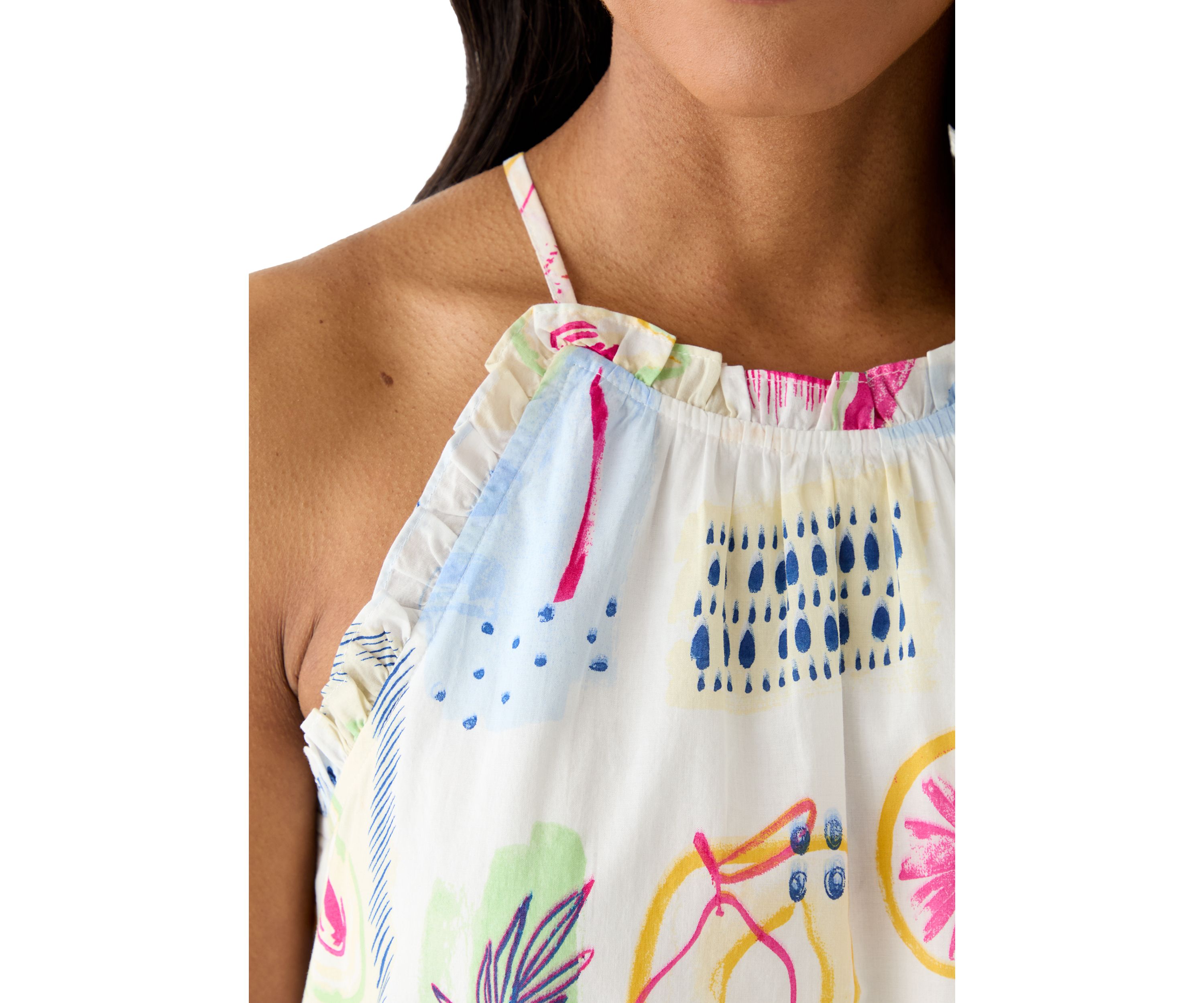 Womens Sleeveless Printed Ruffle Halter Top